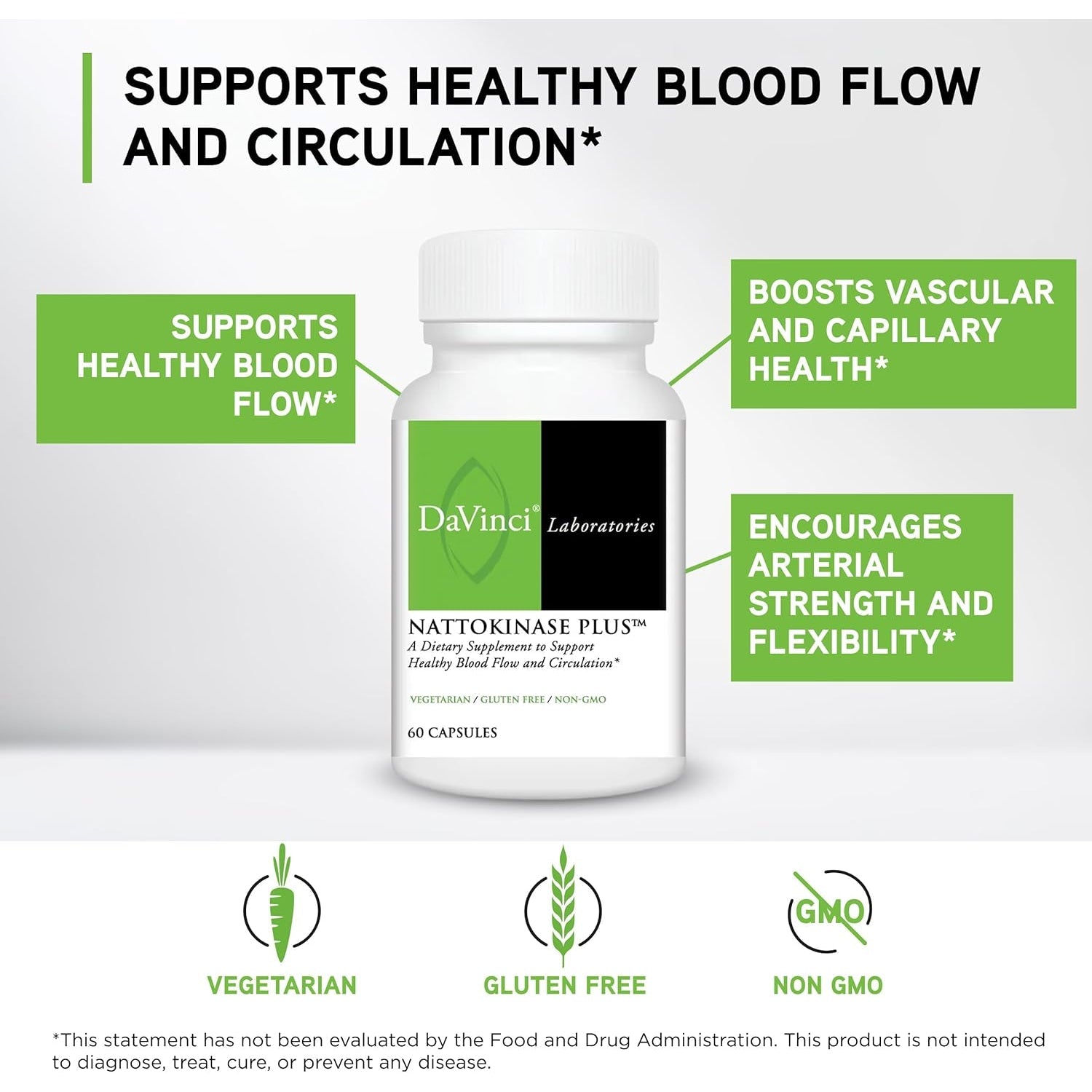 DAVINCI Labs Nattokinase plus - High-Potency 20,000 Fu/G Nattokinase Supplement for Comprehensive Blood Flow Support for Men & Women - Formulated with Antioxidant Support - Gluten Free -60 Capsules