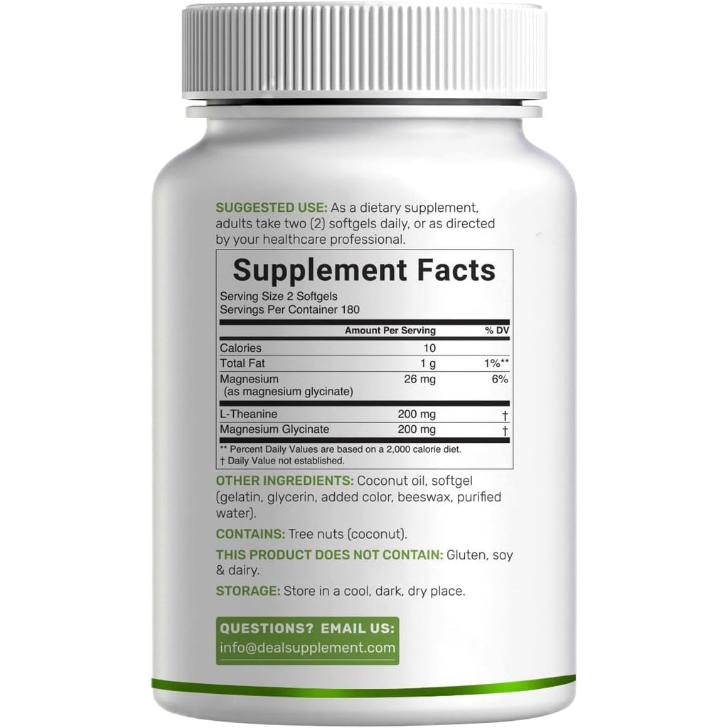 L-Theanine with Magnesium Glycinate, 360 Softgels | L-Theanine 200Mg & Magnesium Glycinate 200Mg per Serving | 2-In-1 Amino Acid & Mineral Complex | Made with Coconut Oil | Non-Gmo, Cgmp Manufactured