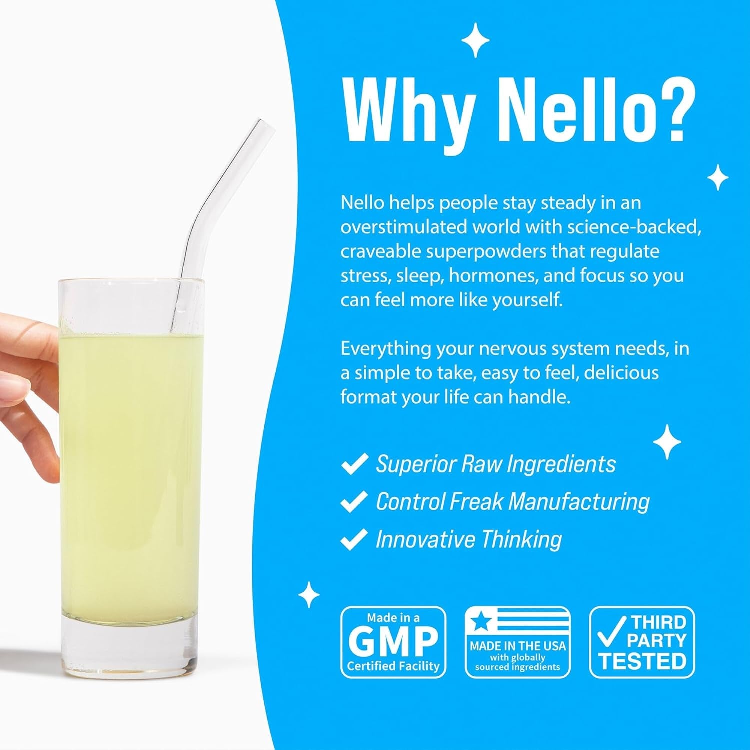 Nello Supercalm Powdered Drink Mix, Cortisol Reducer* and Sleep Aid Supplement, L Theanine, Ksm-66 Ashwagandha, Magnesium Glycinate, Vitamin D 3, No Sugar, Non GMO, on the Go, 20 Ct, Lemon Lime