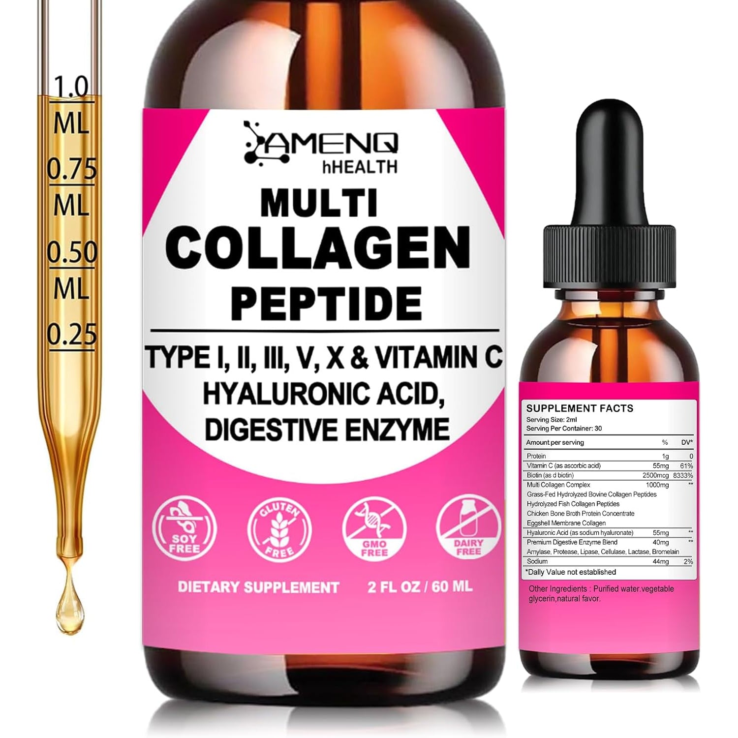 Multi Collagen Peptides Liquid Drops for Women & Men, Hydrolyzed Collagen Peptides Type (I, II, III, V, X)Proteins Complex W. Hyaluronic Acid, Biotin & Vitamin C, Support Hair Skin Joint & Gut Health