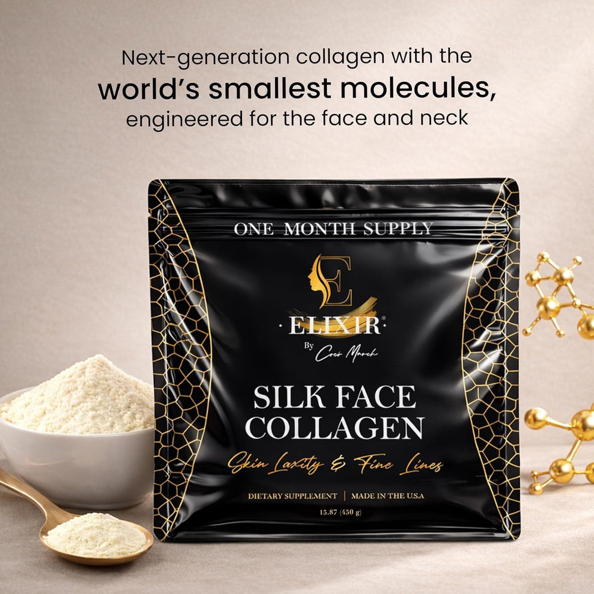 Silk Face Collagen - Collagen Peptides Powder for Women, Face and Neck 14G Protein | Ultra Low Molecular Weight Collagen – for Skin, Hair, Nail, Joint & Gut Health, 15.87 Oz (450G) Cocó March