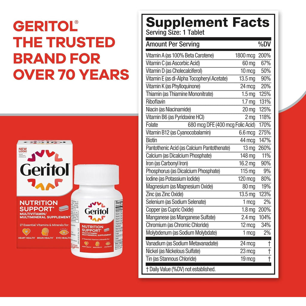 Geritol Multivitamin Supplement, Contains B-Vitamins, Antioxidants, Vitamins C, E & D and Iron, 27 Essential Vitamins and Minerals, Gluten-Free, Non-Gmo, No Artificial Sweeteners, 40 Tablets