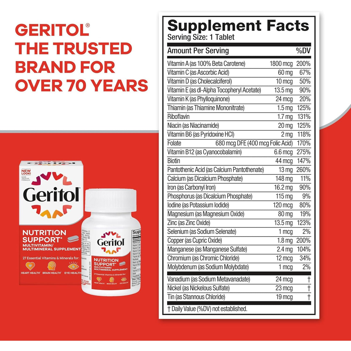 Geritol Multivitamin Supplement, Contains B-Vitamins, Antioxidants, Vitamins C, E & D and Iron, 27 Essential Vitamins and Minerals, Gluten-Free, Non-Gmo, No Artificial Sweeteners, 40 Tablets