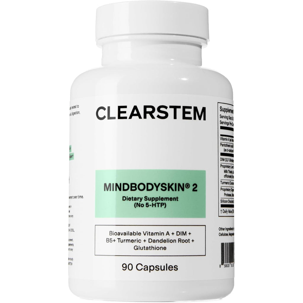 CLEARSTEM - MINDBODYSKIN Hormonal Acne Supplement (No 5-HTP) - Natural DIM Supplement - Skin Care Vitamins - Hormone Balance, Antioxidants - Gluten Free, Cruelty Free - 30 Servings, 90 Capsules