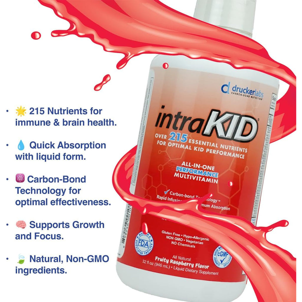 Drucker Labs Organic Liquid Multivitamin for Kids, Immune Support, Non GMO, Dairy Free, Gluten Free, Magnesium, Vitamin A,C,E, Zinc, (32 Oz., Fruity Raspberry)