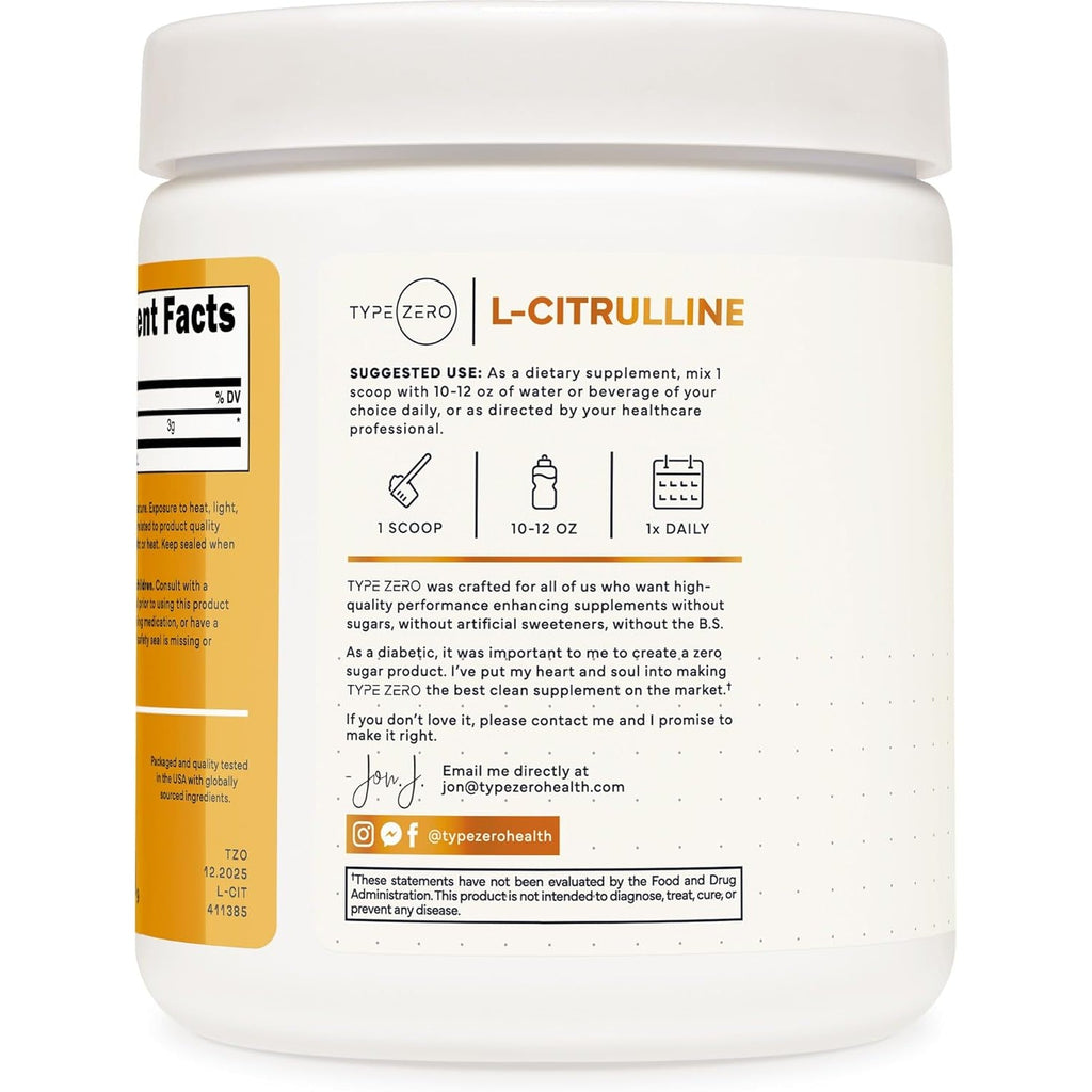 Type Zero L-Citrulline Base Powder, 3,000Mg per Serving - 100 Servings