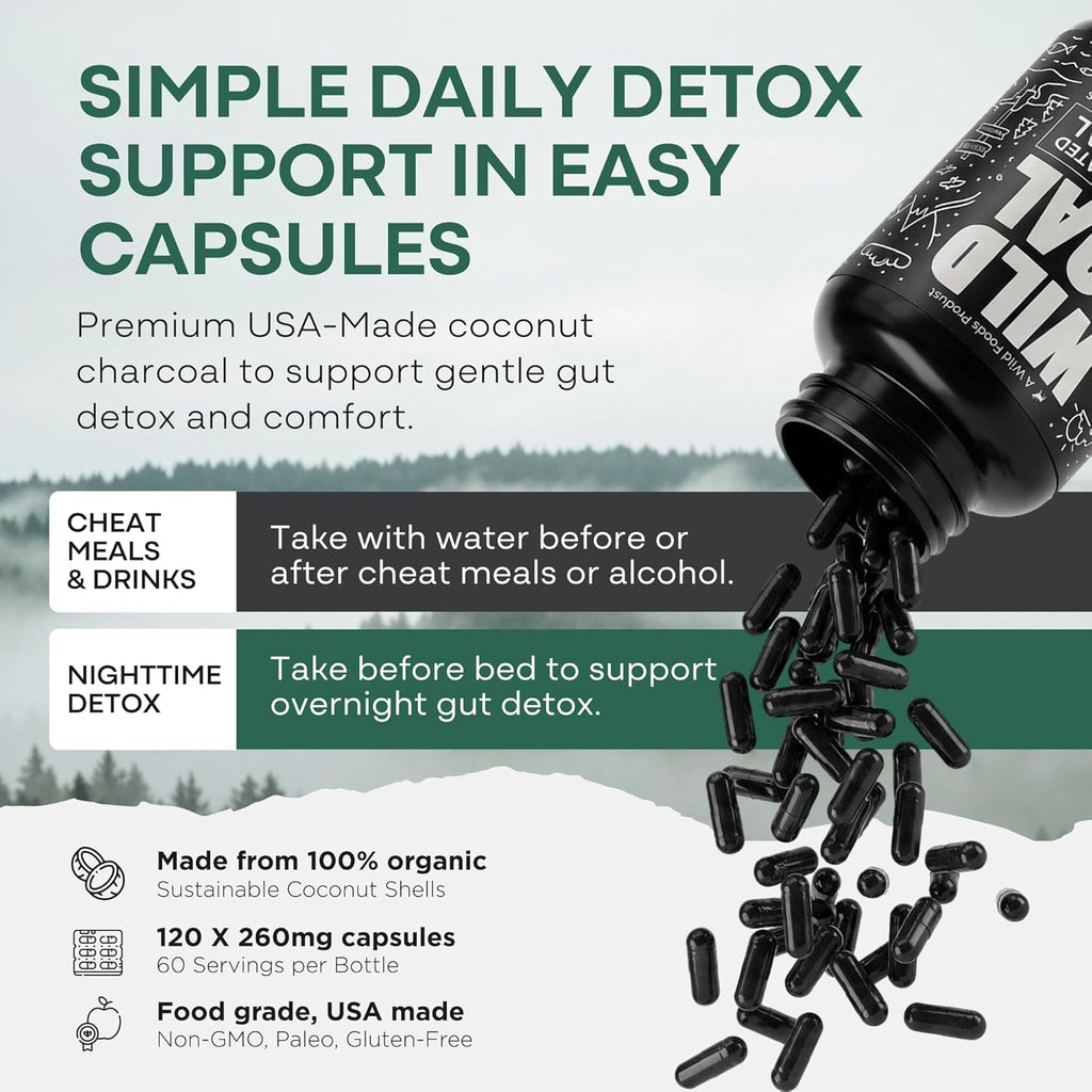 Wild Foods Activated Charcoal Capsules | 100% Organic Coconut Shells Active Tablets | Lab Tested & Non-Gmo Pills | Made in USA (120 Capsules)
