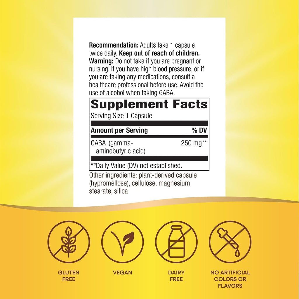Nature'S Way GABA, Gamma-Aminobutyric Acid, Supports Brain Health*, 250 Mg per Serving, 60 Vegan Capsules (Packaging May Vary)