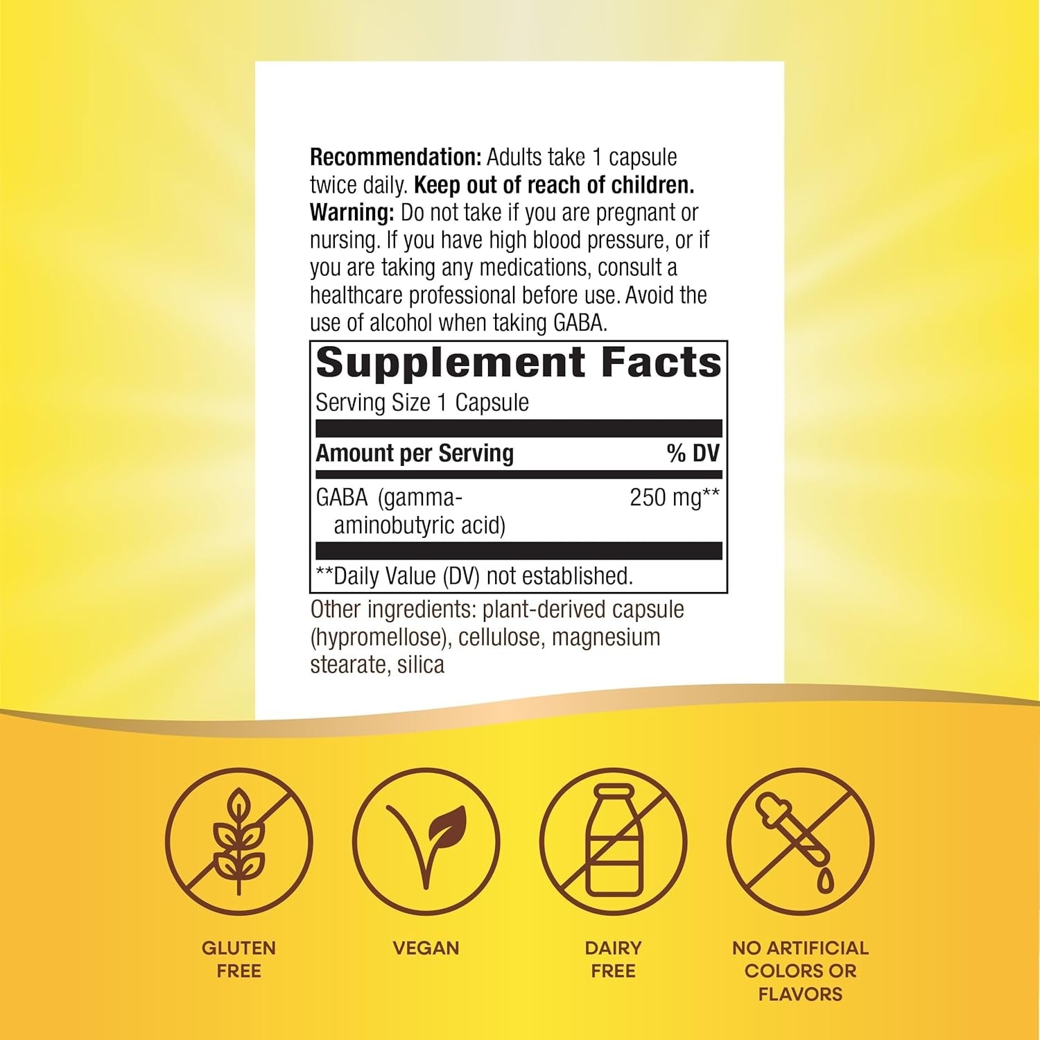 Nature'S Way GABA, Gamma-Aminobutyric Acid, Supports Brain Health*, 250 Mg per Serving, 60 Vegan Capsules (Packaging May Vary)