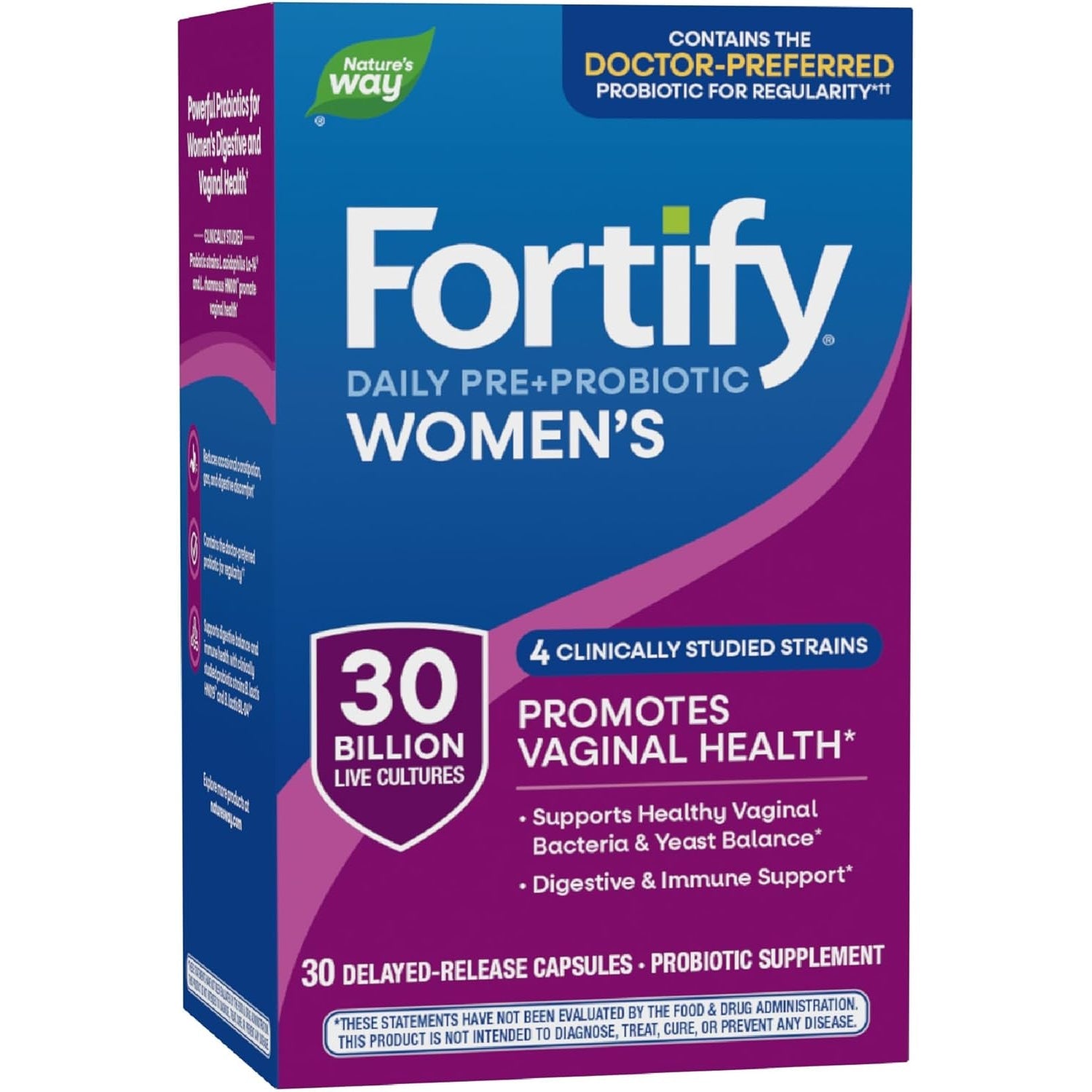Nature'S Way Fortify Women’S Probiotic 30 Billion CFU, Daily Multi-Strain Probiotic for Digestive, Vaginal, and Immune Support*, Once-Daily Capsule, No Refrigeration Required, 30 Capsules