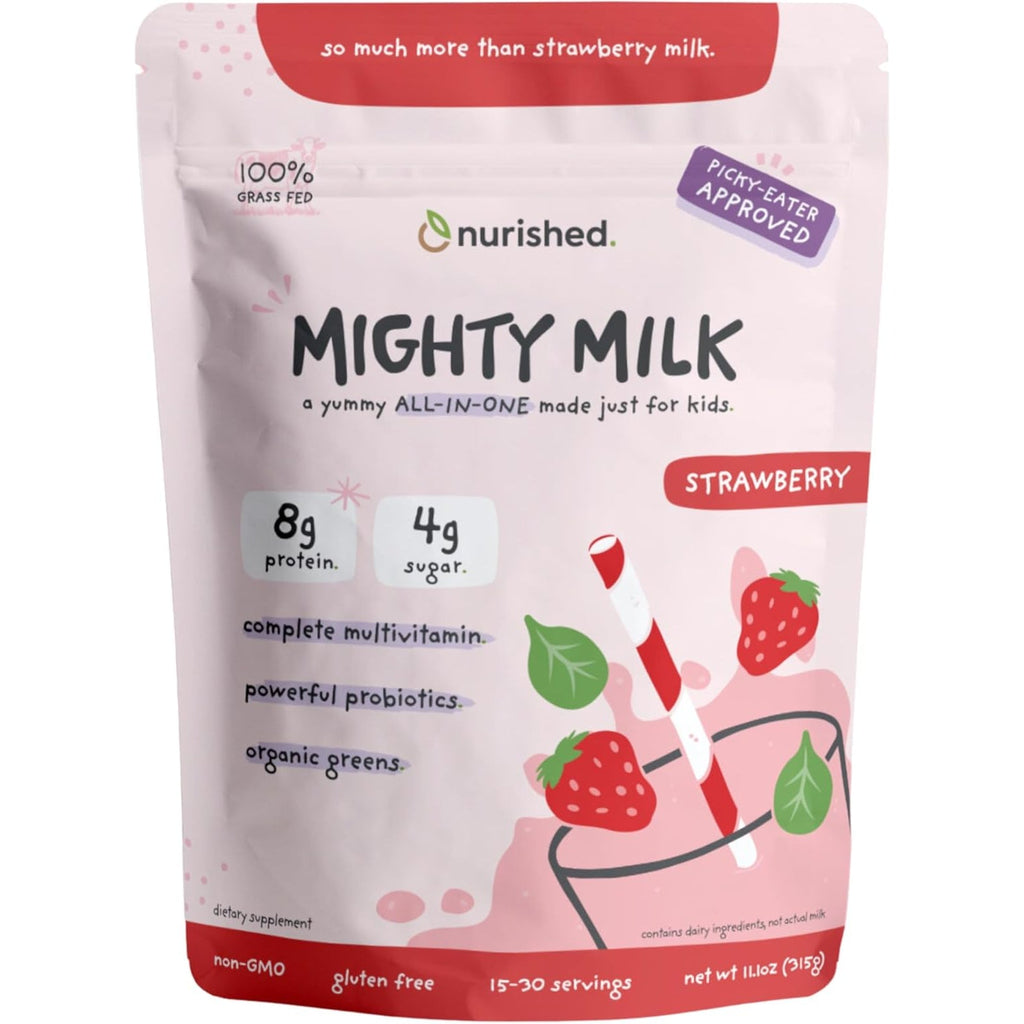 Mighty Strawberry Milk - Kids All-In-One Daily Protein Powder & Multivitamin Boosted with 2 Billion Probiotics & Organic Spinach - Natural Flavors, Colors & Sweeteners - 15-30 Servings