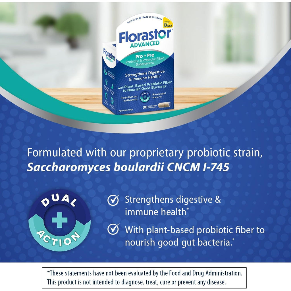 Florastor Advanced Pro+Pre Daily Probiotic and Prebiotic Supplement for Women and Men, Boosts Good Bacteria, Saccharomyces Boulardii CNCM I-745 (30 Capsules) (Pack of 1)