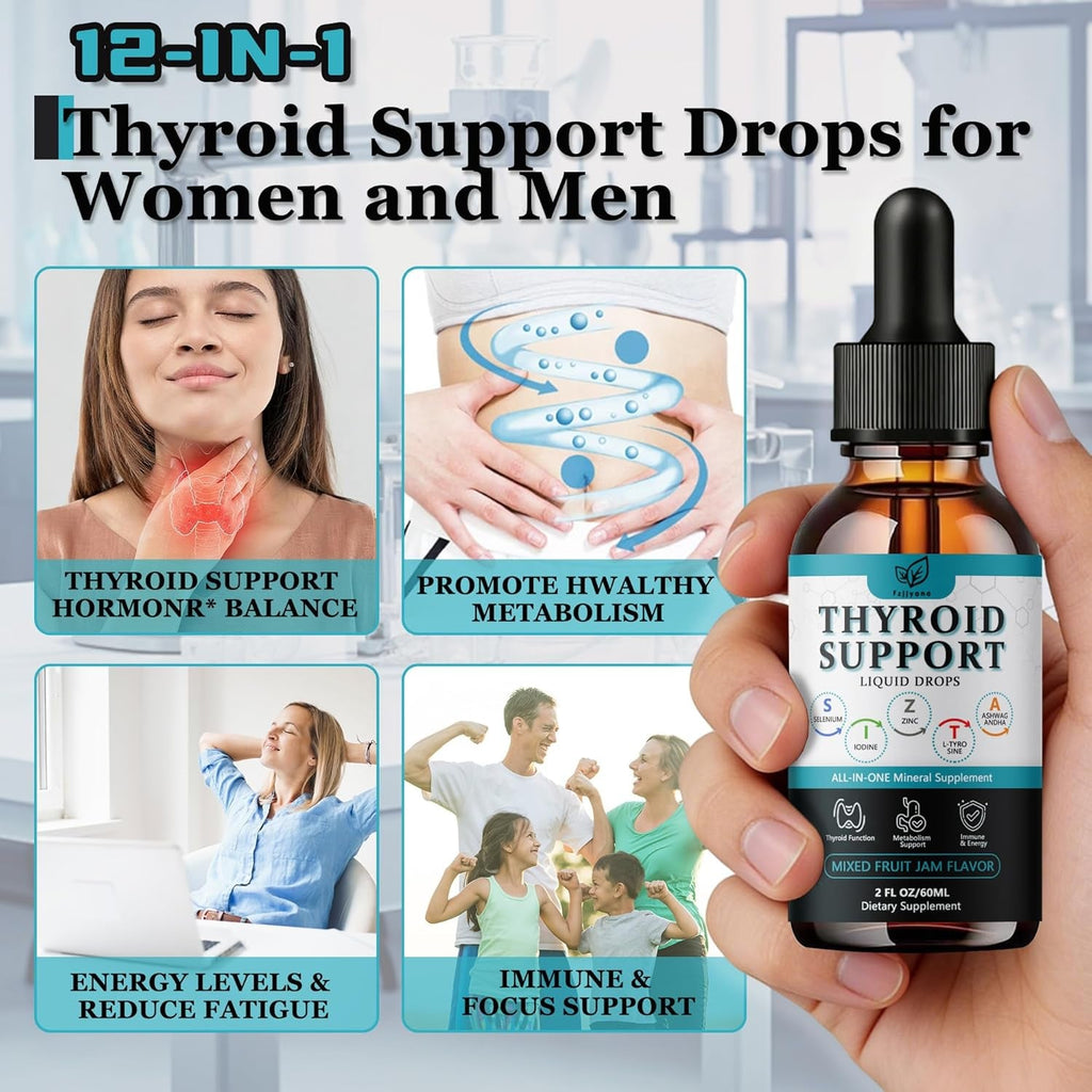 Thyroid Support for Women & Men Liquid Drops.Thyroid Supplement Drops with Selenium Zinc Iodine L-Tyrosine Ashwagandha for Energy & Metabolism Support, Hormone Balance,Vegan，Additives Free - 2 Fl. Oz