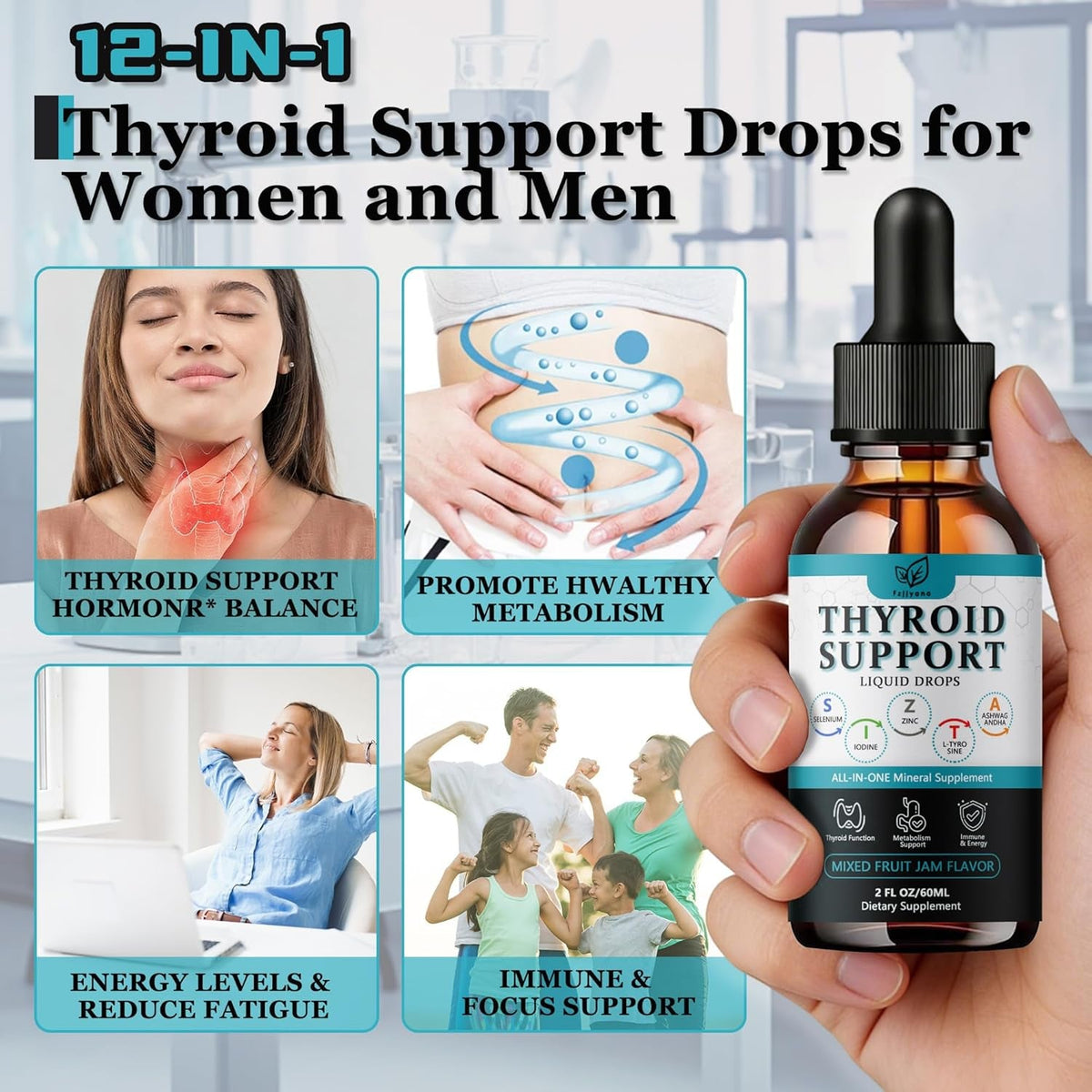 Thyroid Support for Women & Men Liquid Drops.Thyroid Supplement Drops with Selenium Zinc Iodine L-Tyrosine Ashwagandha for Energy & Metabolism Support, Hormone Balance,Vegan，Additives Free - 2 Fl. Oz