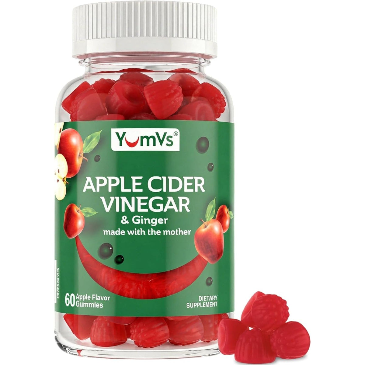 YUM-V'S Apple Cider Vinegar Gummies – ACV Gummies with Ginger & the Mother – Supports Metabolism, Vitality & Daily Wellness – Natural Apple Flavor Vegan, Non-Gmo, Gluten-Free, Cider Gummy – 60 Count