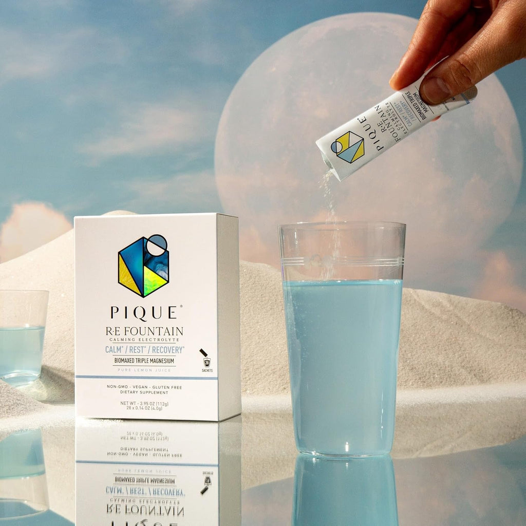 PIQUE RE Fountain Calming Electrolyte Powder - Hydration Powder Packets with Triple Biomaxed™ Magnesium for Rest, Recovery and Cognitive Support - No Added Sugar - 28 Single Serve Sticks (Pack of 1)