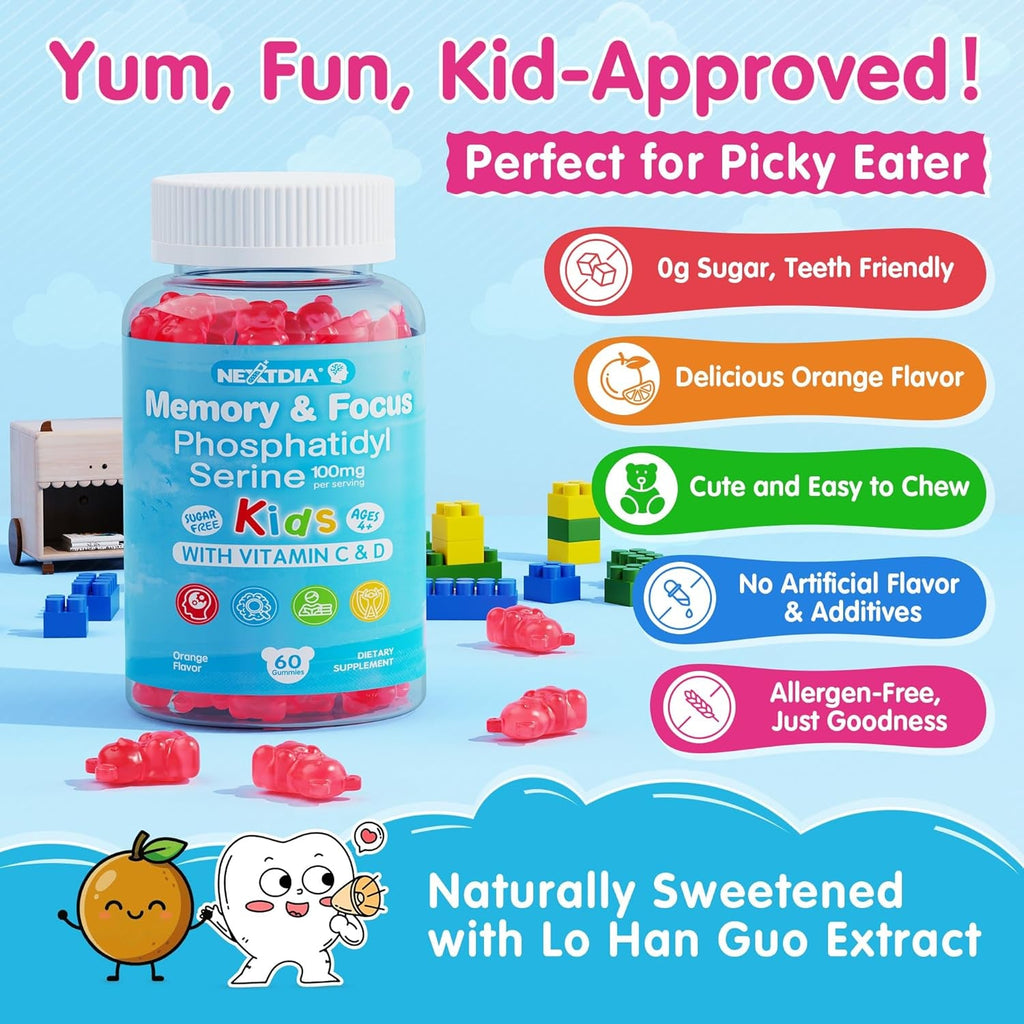 Phosphatidylserine Supplement 100Mg, Focus Gummies for Kids Teens + Vitamin C & D3 400IU, Sugar Free Kids Brain Gummies Increase Attention & Concentration, Chewable, Vegan, Gluten Free, Non-Gmo 2 Pack