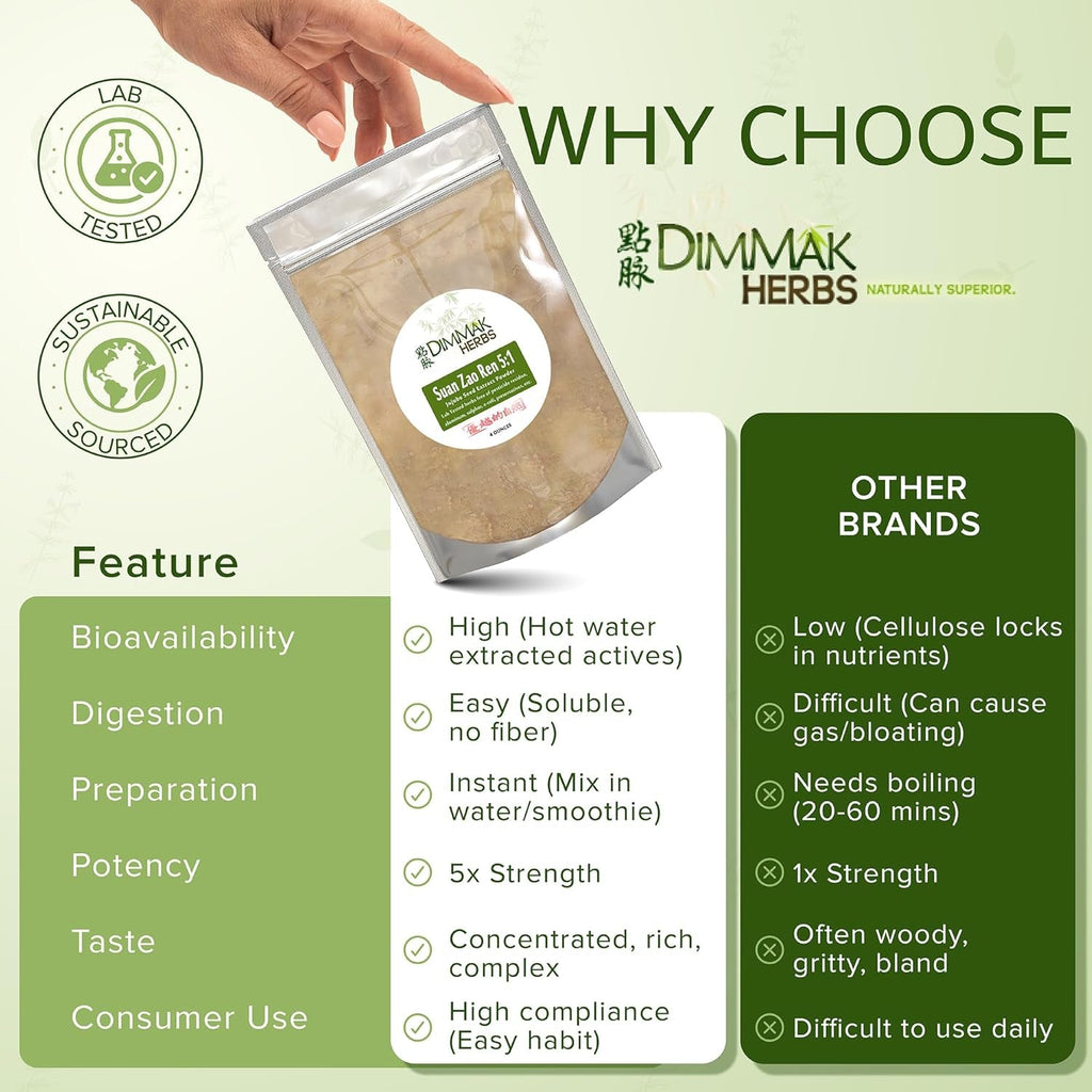 Dimmak Herbs Organic Suan Zao Ren 5:1 Extract (Sour Jujube Seed)- Premium Natural Sleep Aid for Occasional Sleeplessness, Stress Relief & Night Sweats- Calms the Spirit (Shen)- Non-Habit Forming (4Oz)