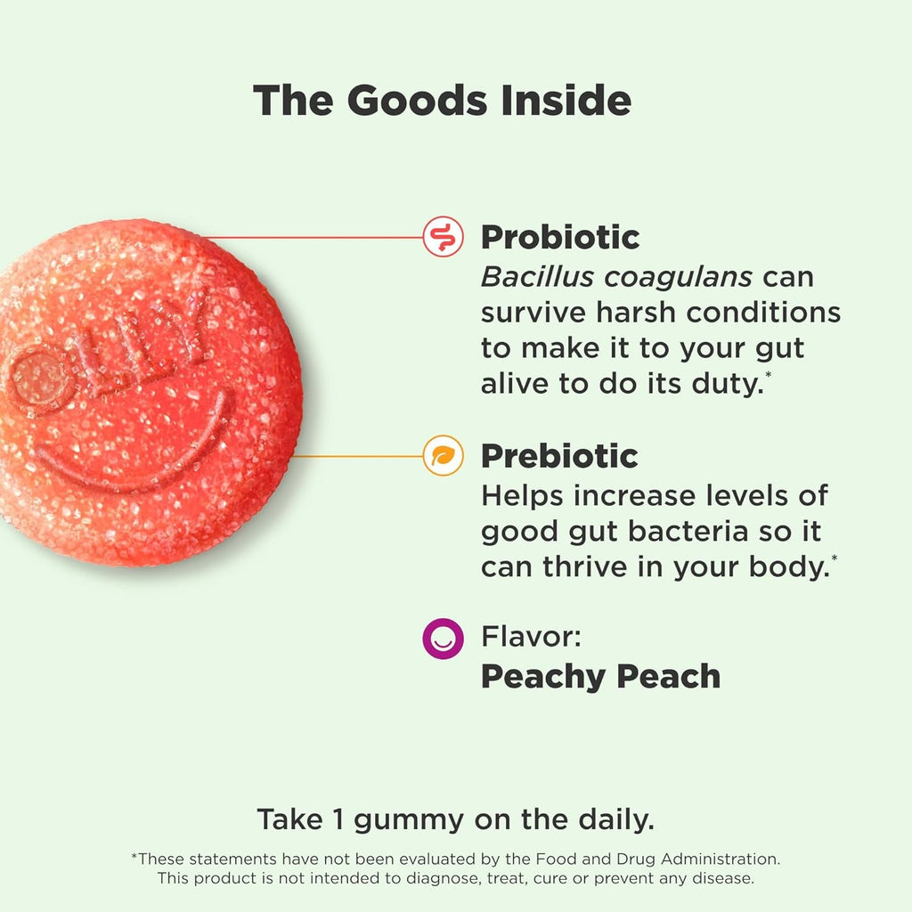 Olly, Probiotic + Prebiotic Gummy, 500 Million Cfus, Fos, Adult Chewable Supplement for Men and Women, Peach Flavored, 30 Day Supply, 30 Count