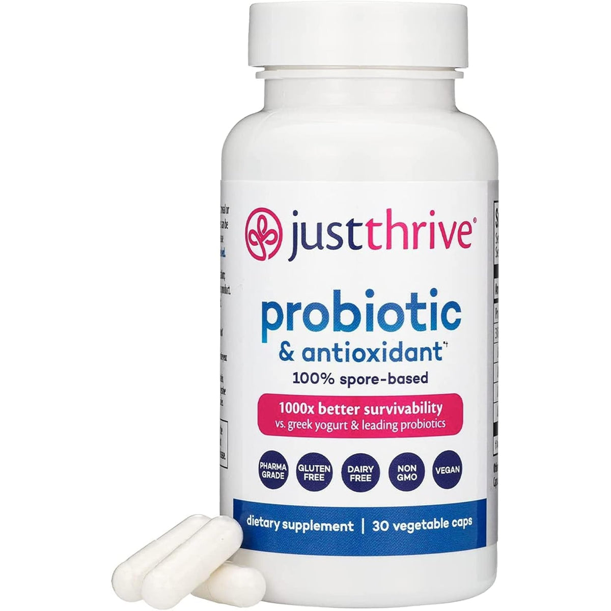 Just Thrive Probiotic & Antioxidant Supplement - 100% Spore-Based Digestive and Immune Support - Gluten Free, 30 Caps