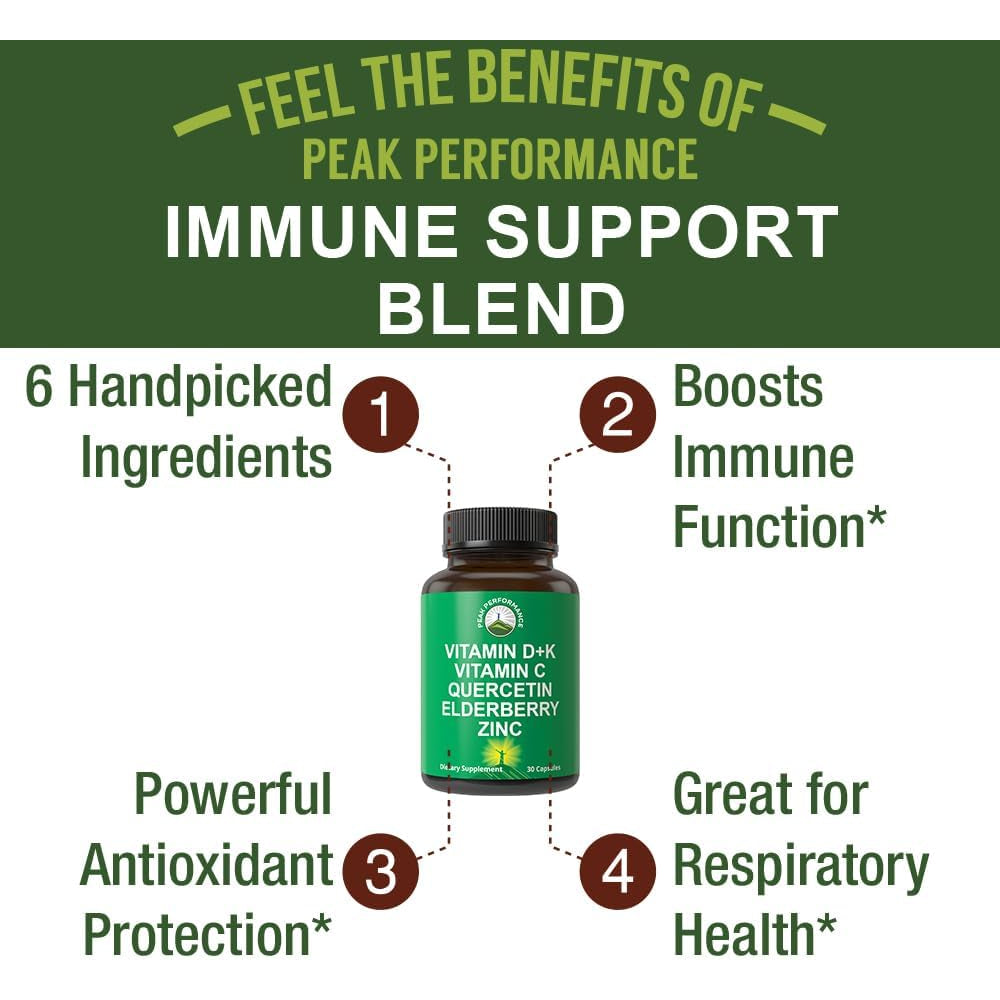 Peak Performance Immune Support Supplement - 6 Top Ingredients Vitamin D3 K2, Vitamin C, Elderberry, Zinc, Quercetin - Includes 5000 IU Vitamin D - Immunity Capsules - Supplements for Women and Men
