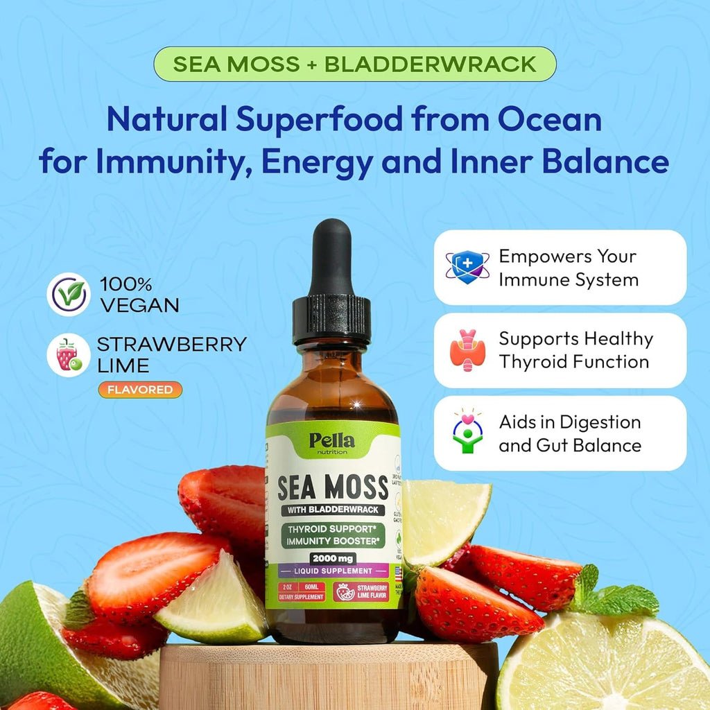 Pella Nutrition Sea Moss Drops with Bladderwrack – 4X Faster Absorption than Irish Sea Moss Gel Superfood, Gummies, and Capsules – Digestive & Immune Support Supplement (Strawberry Lime, 60Ml)