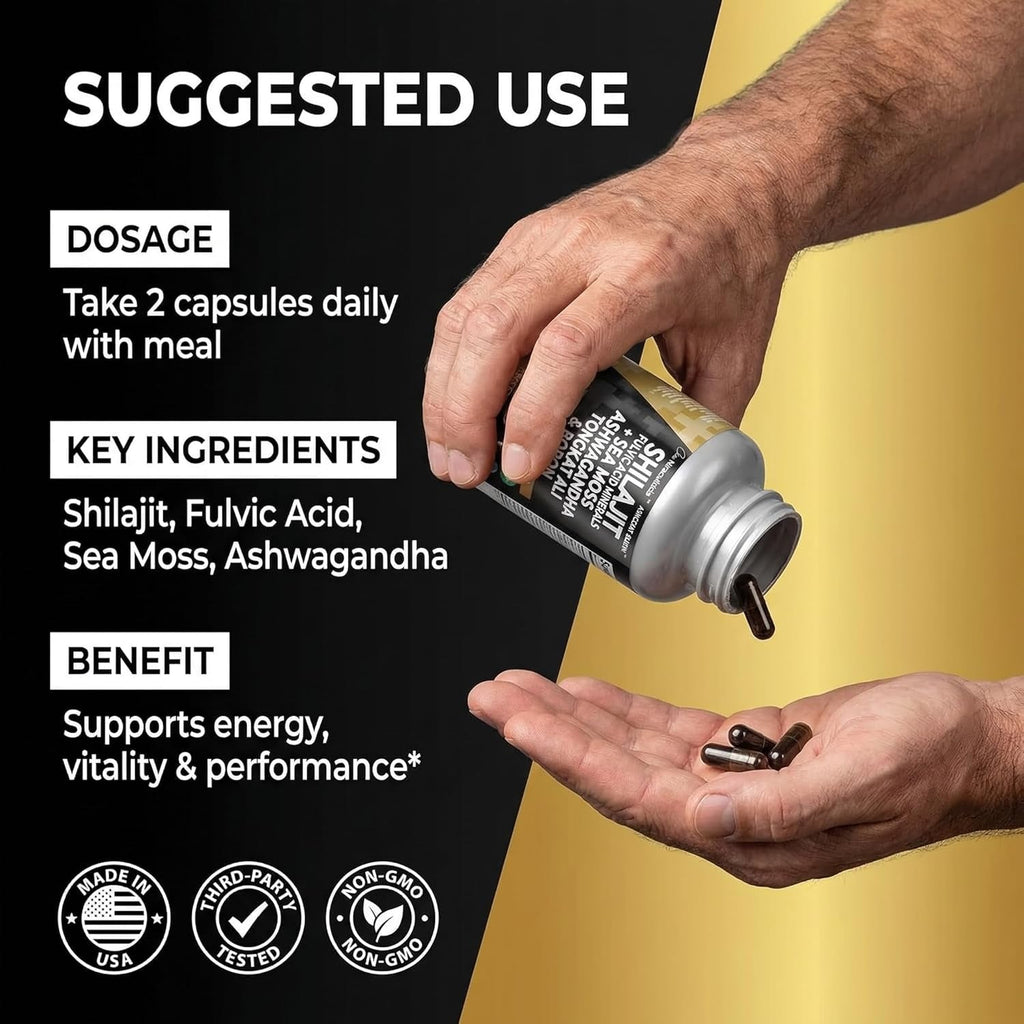 Clean Nutraceuticals Shilajit Supplement for Men with Sea Moss, Tongkat Ali, Ashwagandha, Boron, Zinc, Coq10, PQQ - Fulvic Acid Capsules - Energy Support - 90 Count - Resin, Gummy & Powder Alternative