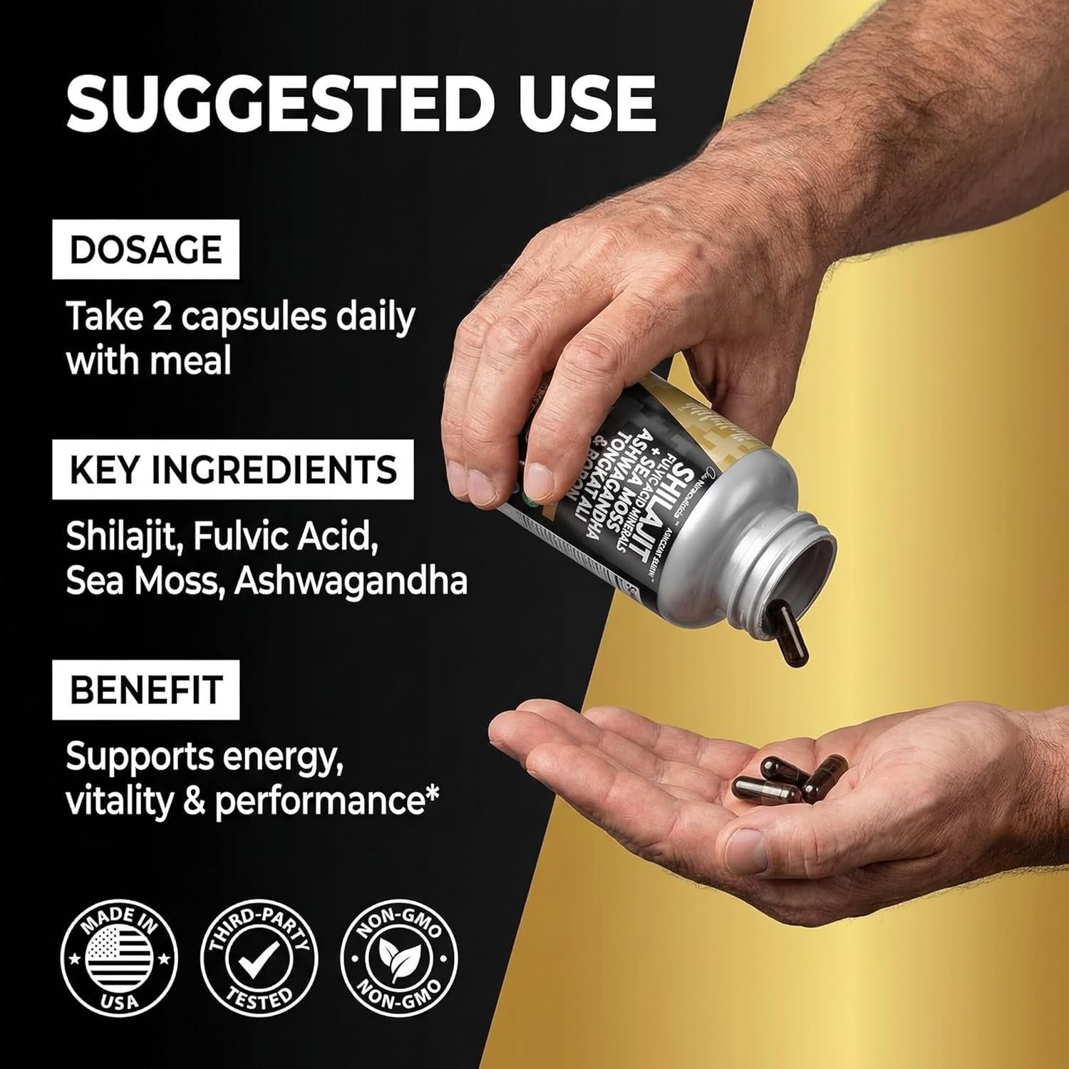 Clean Nutraceuticals Shilajit Supplement for Men with Sea Moss, Tongkat Ali, Ashwagandha, Boron, Zinc, Coq10, PQQ - Fulvic Acid Capsules - Energy Support - 90 Count - Resin, Gummy & Powder Alternative