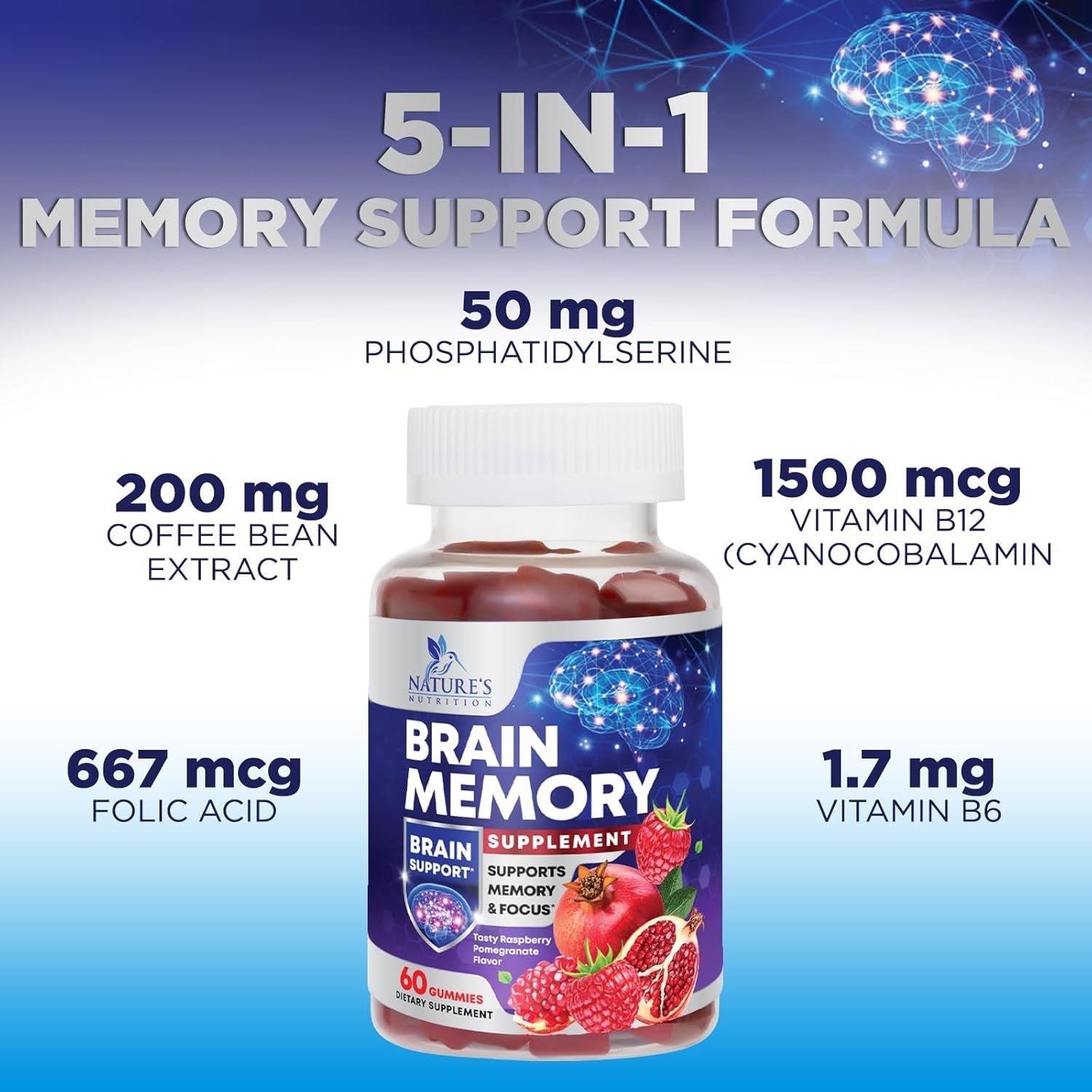 Brain Supplements for Memory & Focus Gummies - Brain Health Clarity with B6 B12 & Phosphatidylserine - Natural Nootropics Cognitive Concentration & Alertness Support Vitamins - 60 Vegan Gummies