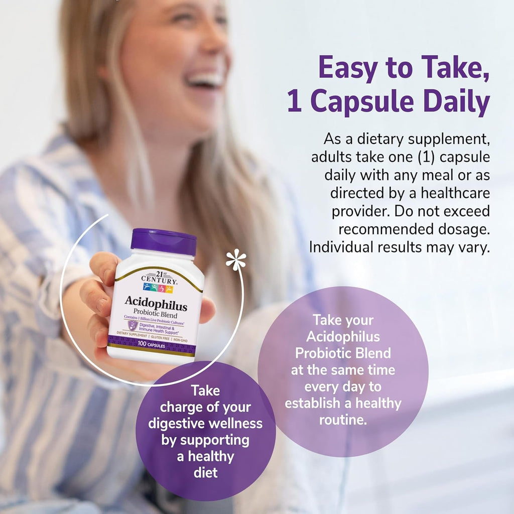 21St Century Acidophilus Probiotic Blend Capsules (100 Count), Daily Probiotic Supplement with Lactobacillus Acidophilus, Supports Digestive Health & Immune System, Non-Gmo, Gluten-Free