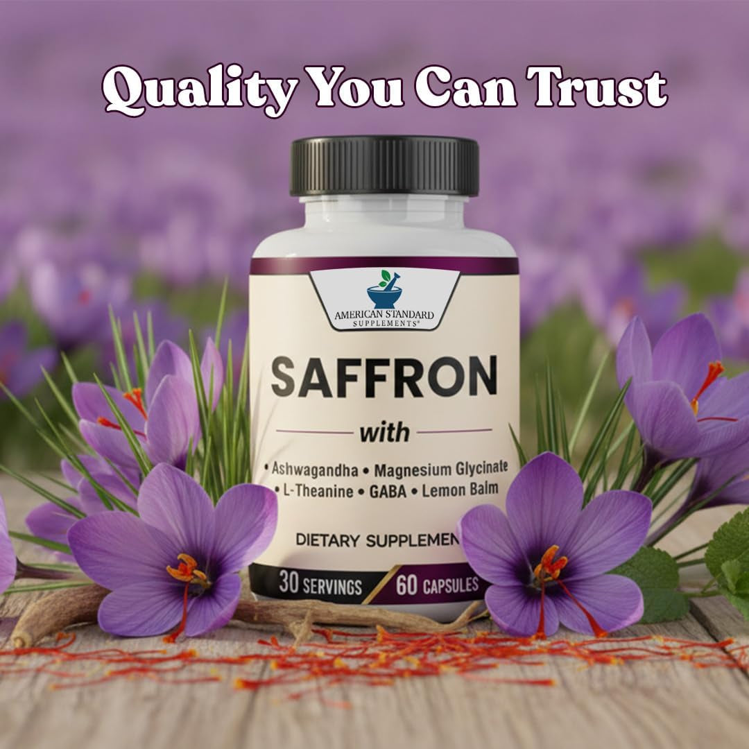 American Standard Supplements Saffron Extract 100Mg per Serving with Magnesium Glycinate, Ashwagandha, L-Theanine, GABA, Lemon Balm, Vegan, Non-Gmo, 60 Capsules