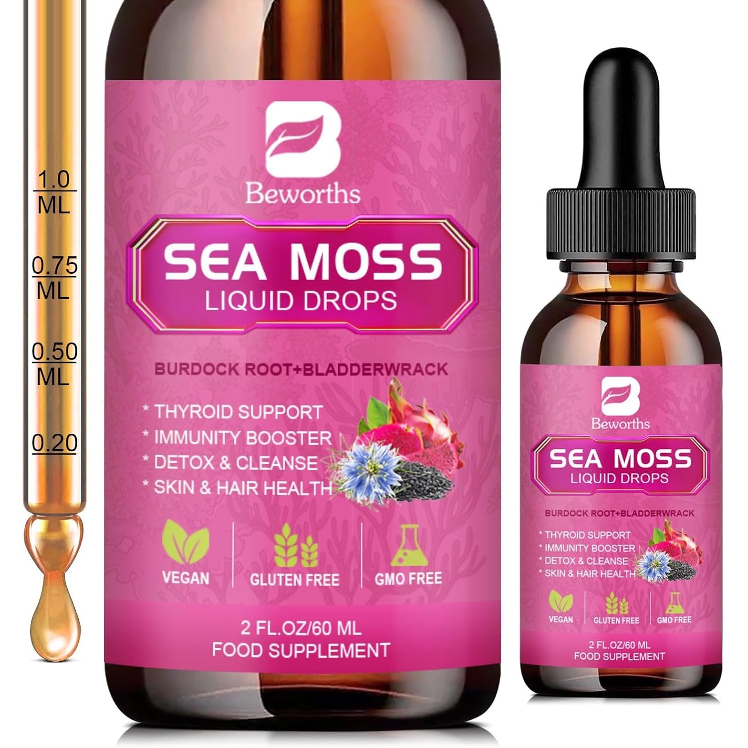 Sea Moss Liquid Drops - Organic Irish Sea Moss with Black Seed Oil, Ashwagandha, Soursop, Bladderwrack, Burdock Root, Elderberry, Turmeric | Seamoss for Immune Support, Energy, Hair & Digestion -Vegan