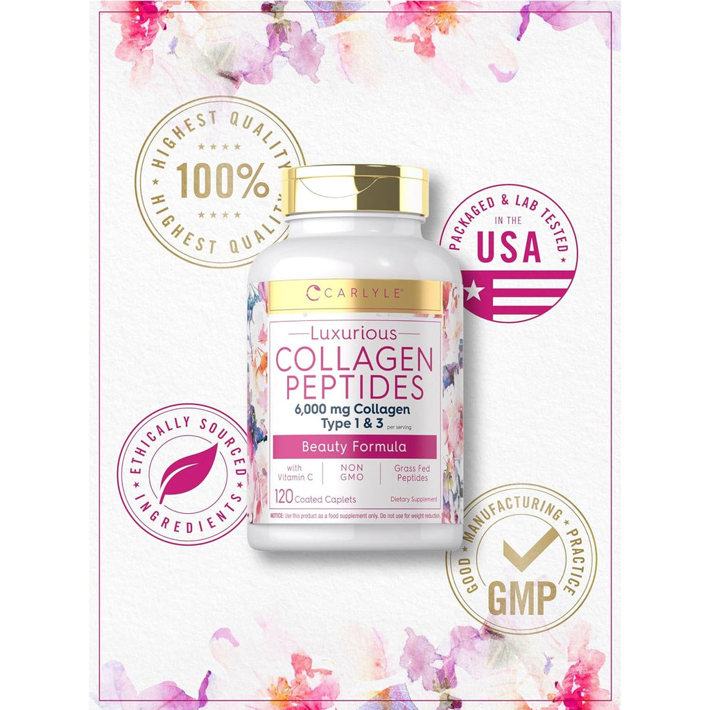 Carlyle Collagen Peptides with Vitamin C | 6000Mg | 120 Caplets | Grass Fed Type II & III | Beauty Formula | Non-Gmo, Gluten Free Supplement
