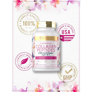 Carlyle Collagen Peptides with Vitamin C | 6000Mg | 120 Caplets | Grass Fed Type II & III | Beauty Formula | Non-Gmo, Gluten Free Supplement