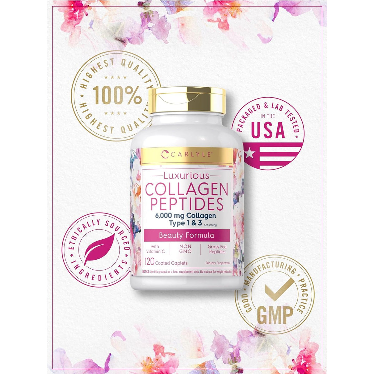 Carlyle Collagen Peptides with Vitamin C | 6000Mg | 120 Caplets | Grass Fed Type II & III | Beauty Formula | Non-Gmo, Gluten Free Supplement