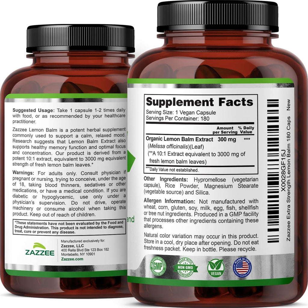 Zazzee Organic Lemon Balm 10:1 Extract, 180 Vegan Capsules, 6 Month Supply, Melissa Officinalis, Calm, Mood, Stress & Relaxation Support, Herbal Supplement, All-Natural, Non-Gmo, Made in the USA
