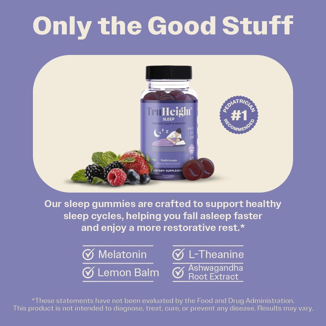 Truheight Sleep Gummies - Kids & Teen Natural Sleep Aid for Tall & Growing Bodies - Pediatric Recommended Growth - Melatonin Gummy, Ashwagandha, L-Theanine, Lemon Balm - Mixed Berry, Taller Ages 4+