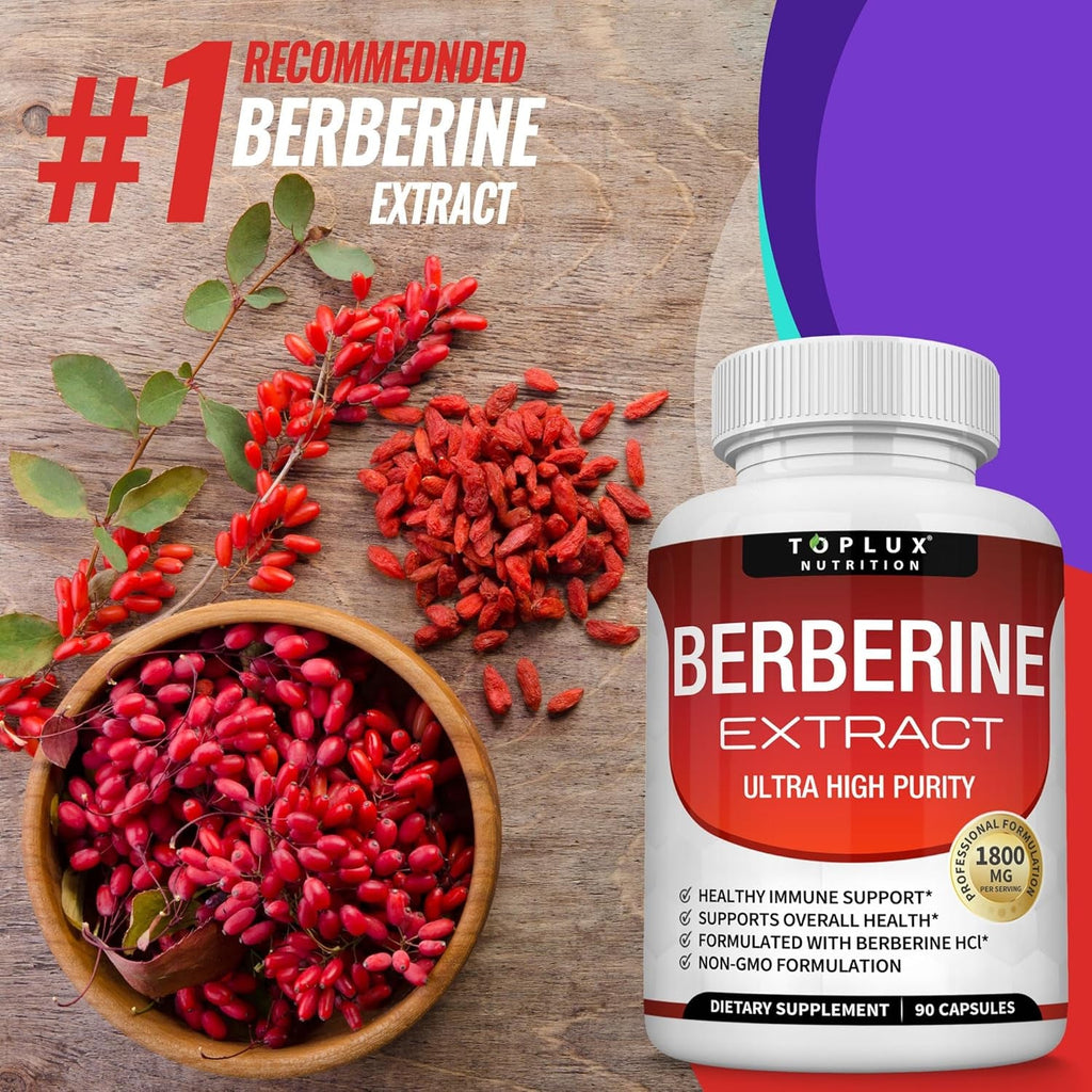 Toplux Berberine Supplement 1800Mg - Berberine HCL 97% Tested Ultra High Purity Premium Berberine Extract to Support Overall Health, High Potency Berberine plus Non-Gmo Vegan Men Women, 90 Capsules