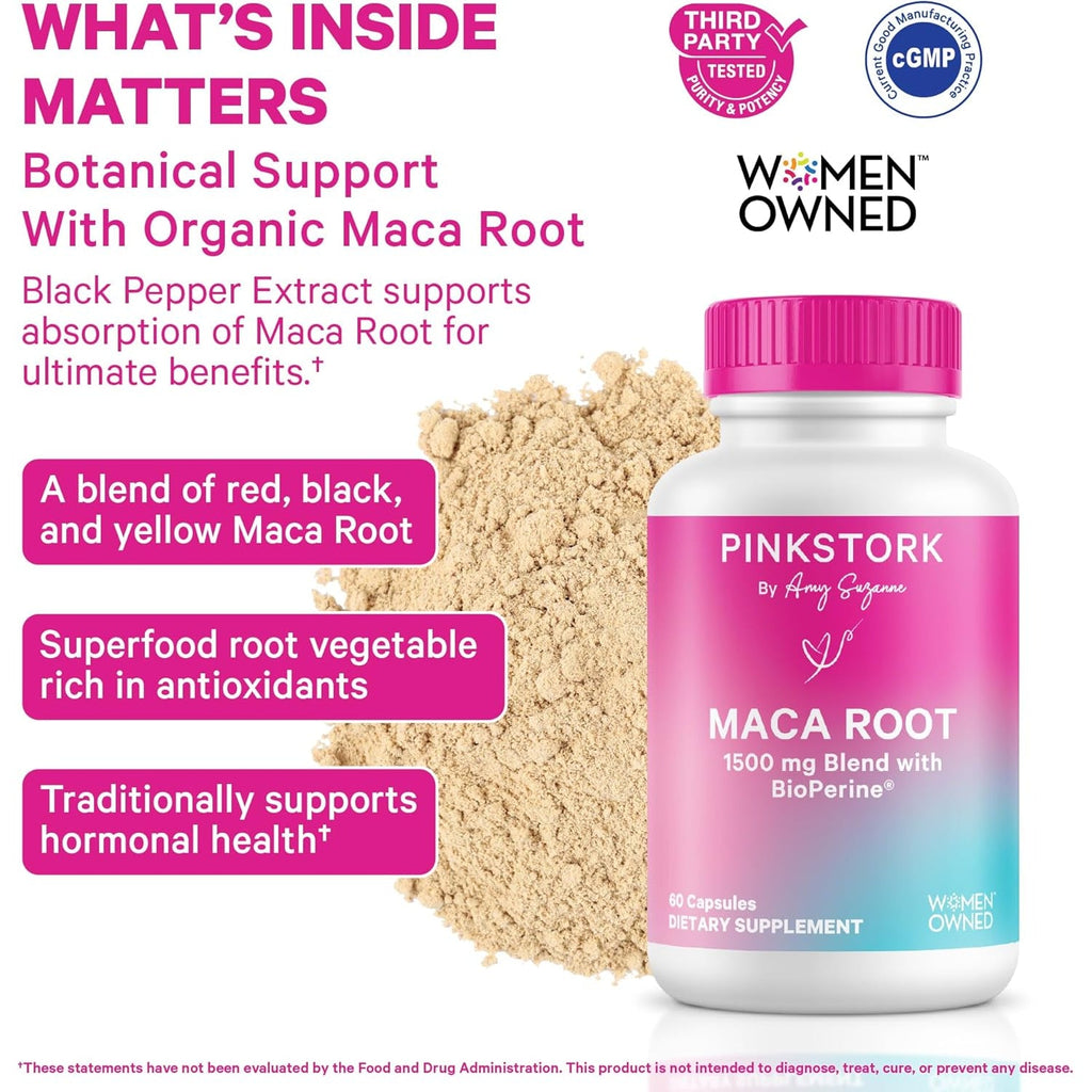 Pink Stork Maca Root Capsules for Women – Organic Maca with Bioperine® for Hormonal Balance, Energy + Wellness – Supports Perimenopause, Menstrual Health, and Vitality