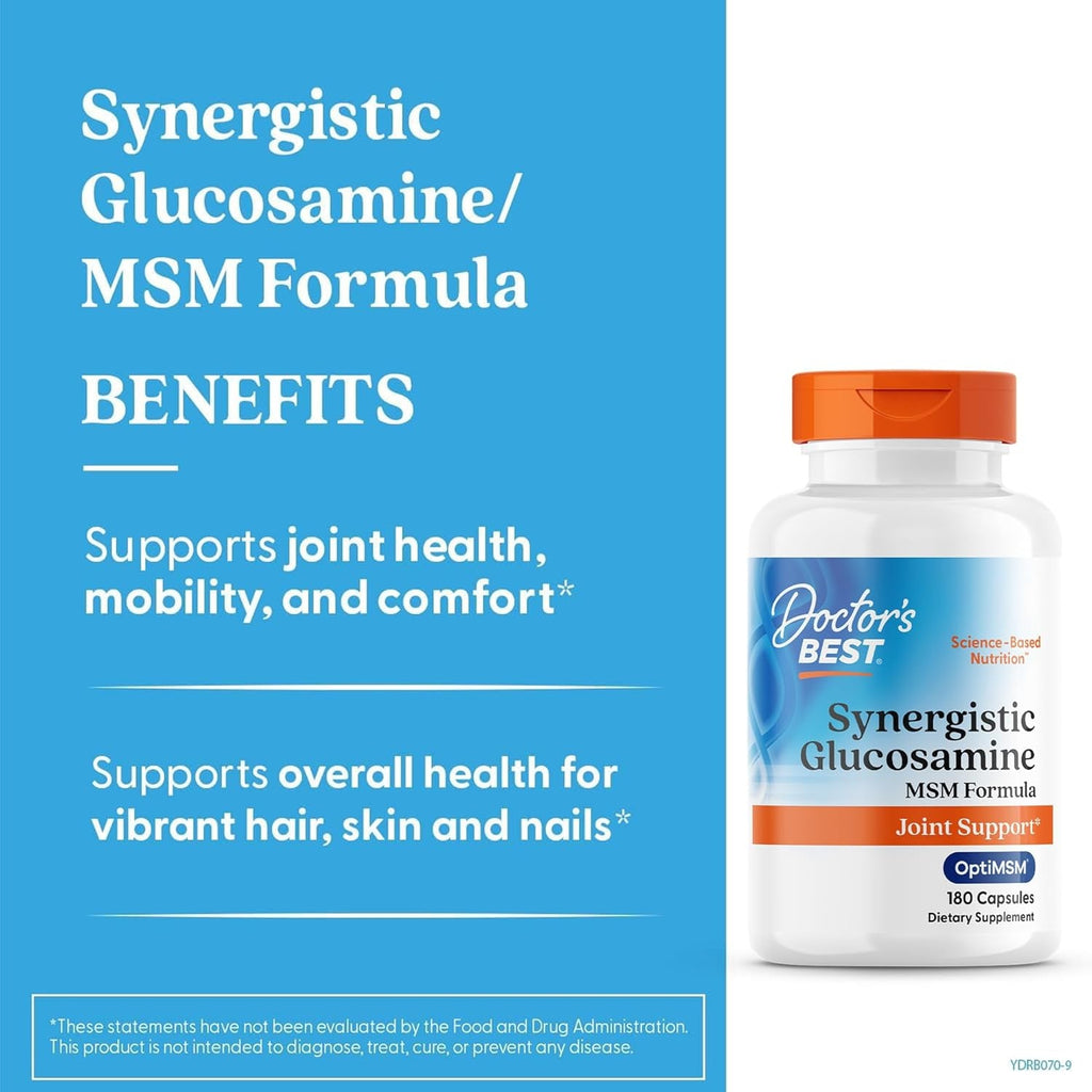 Doctor'S Best Synergistic Glucosamine with MSM Formula - Joint Health Support Supplement for Women & Men, Features Vitamin C, Potassium, & Chloride, Non-Gmo, Gluten Free, Soy Free - 180 Capsules