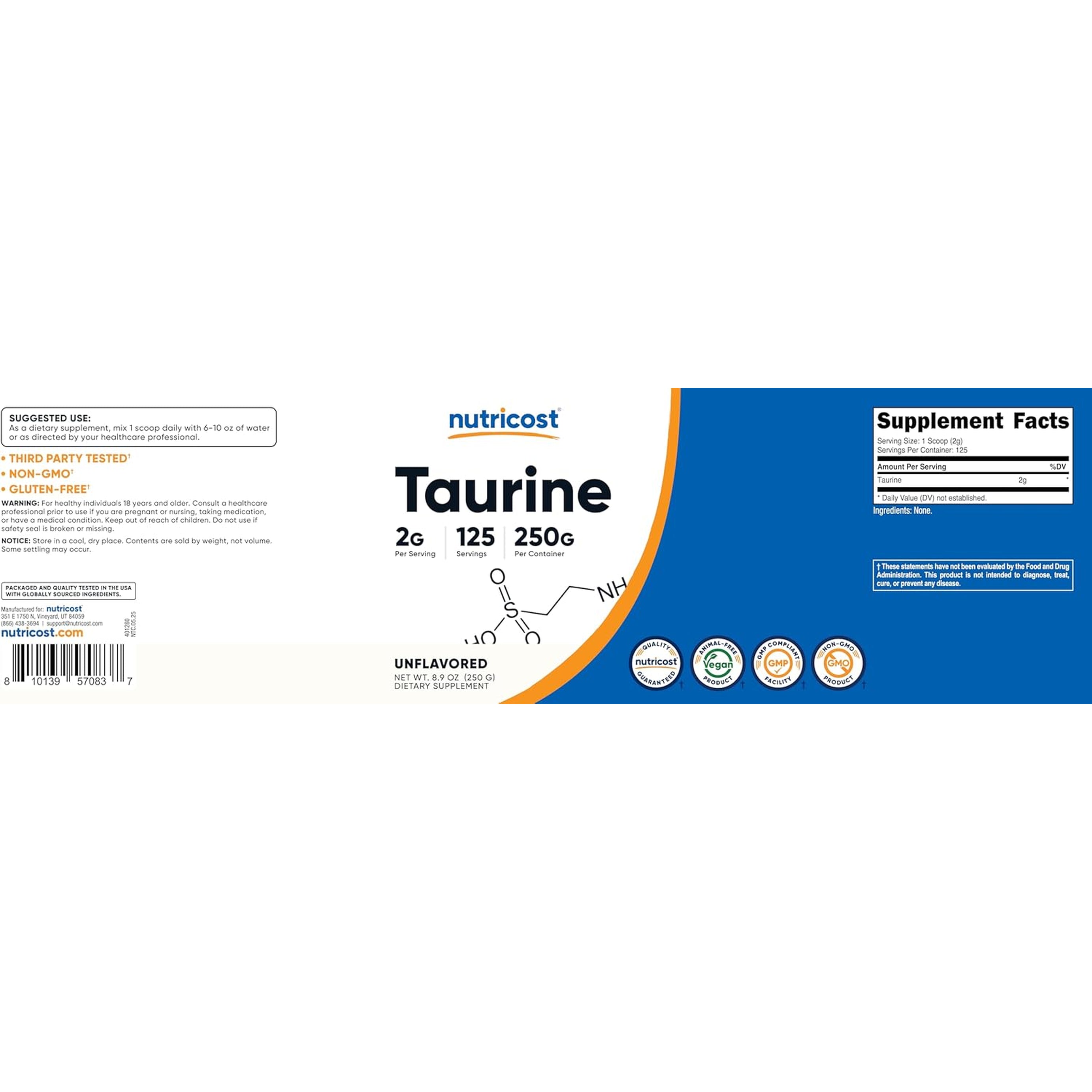 Nutricost Taurine Powder 250 Grams - 125 Servings, 2000Mg per Serving