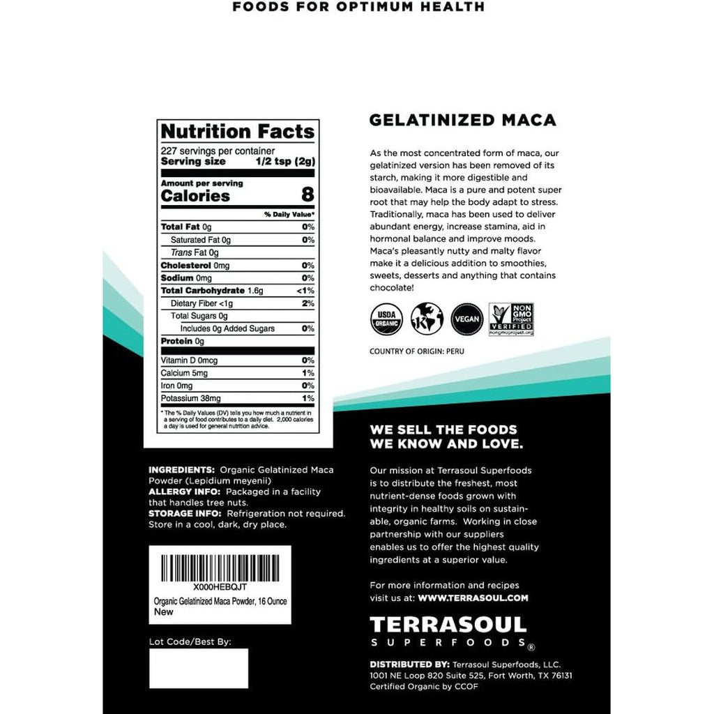Terrasoul Superfoods Organic Gelatinized Maca Powder, 16 Oz, Hormone Balance, Energy Boost, and Superfood Smoothies with Peruvian Maca Root, Gelatinized for Easy Digestion