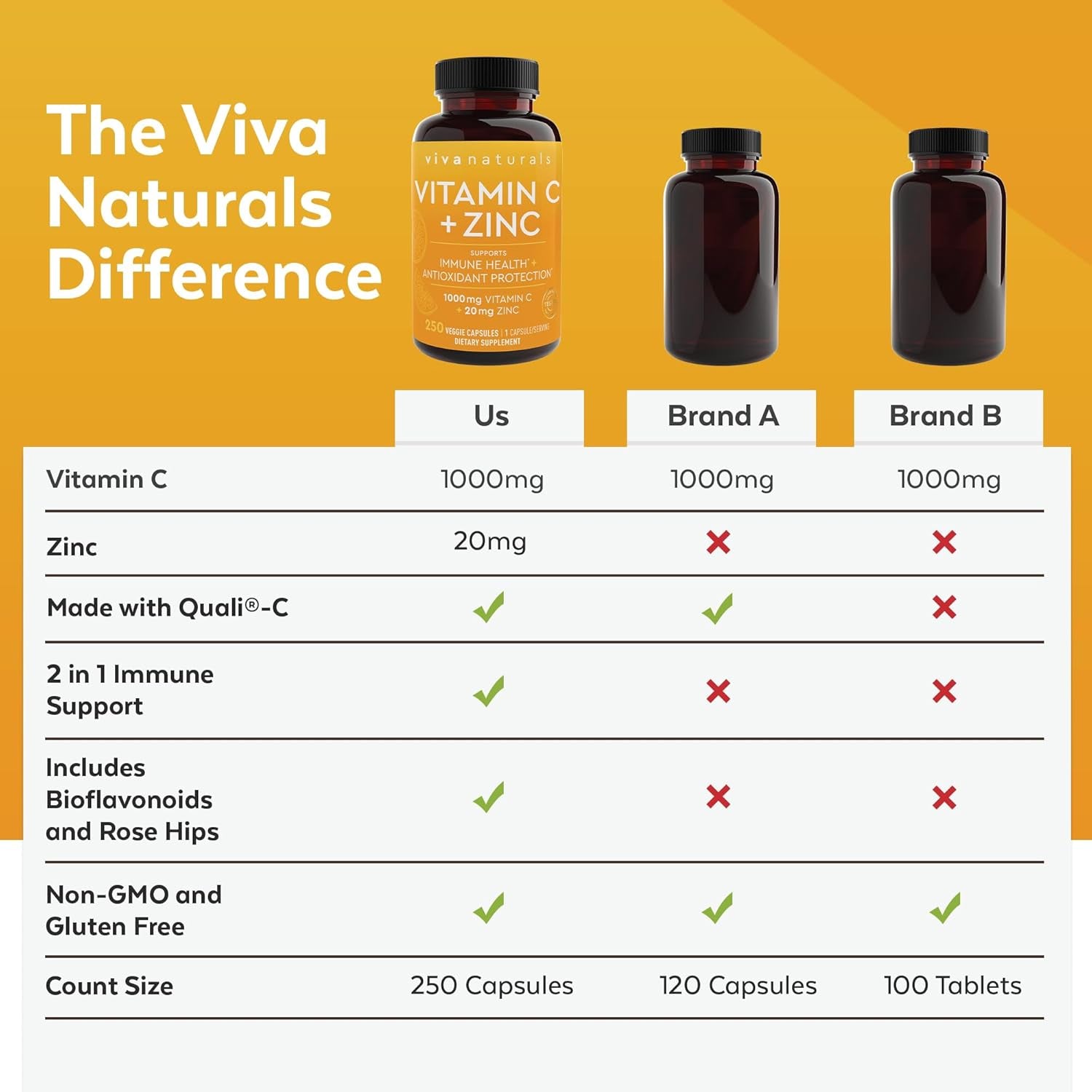 Viva Naturals 1000 Mg Vitamin C and Zinc 20 Mg Supplement - Proprietary Blend of Ascorbic Acid Vitamin C with Rose Hips and Bioflavonoids for Immune Support -250 Veggie Capsules with 8 Months Supply