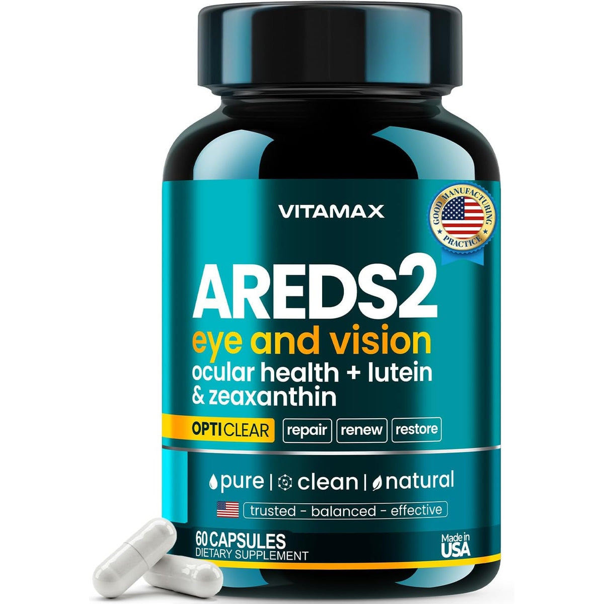 AREDS 2 Eye Vitamins - Lutein, Zeaxanthin, Bilberry, Astaxanthin Mineral Vision Supplement - Supports Eye Strain, Dry Eyes, Pressure, and Vision Health - Made in USA - 60Ct