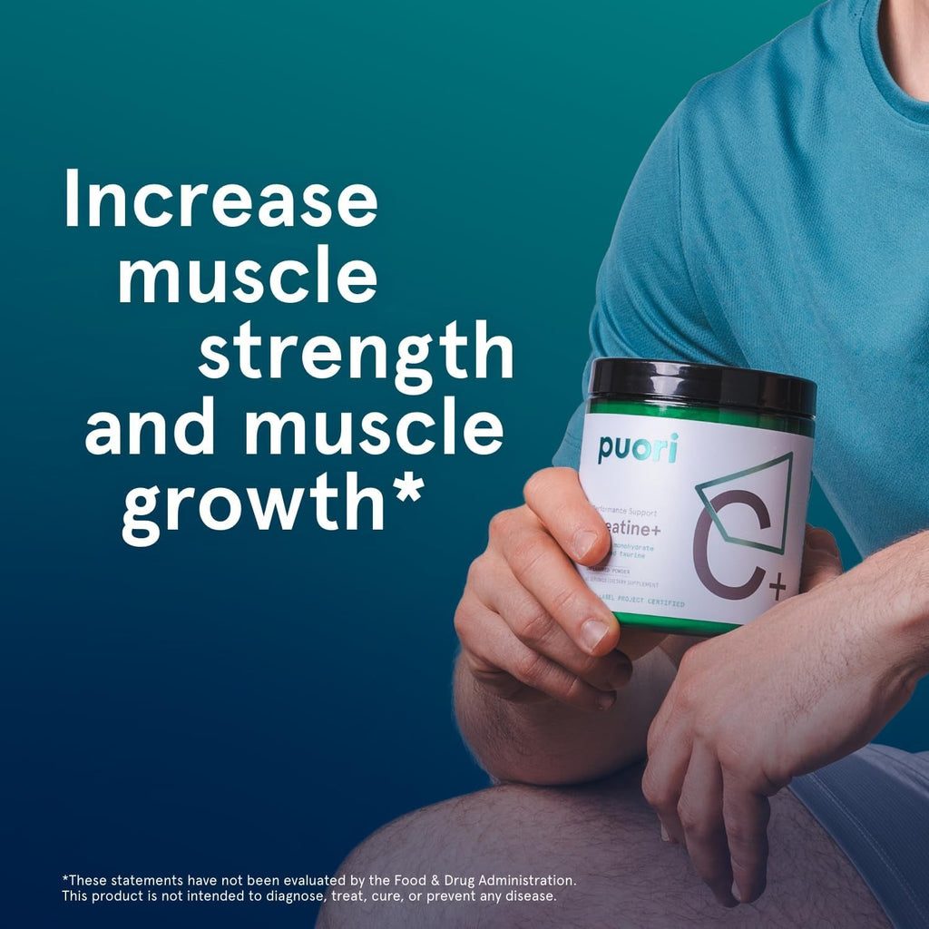 Puori Creatine Monohydrate Powder with Taurine - Unflavored Creatine Powder, Pre-Workout Supplement for Men & Women - Muscle Builder, Enhanced Workout Performance & Strength Building - 60 Servings