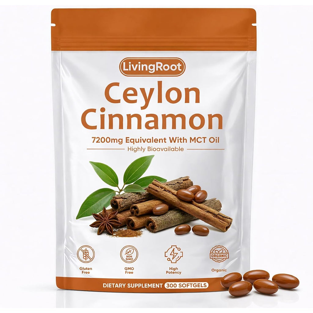 Living Root Ceylon Cinnamon - 300 Softgels 7200Mg Equivalent with MCT Oil, Livingroot Organic Ceylon Cinnamon Powder Supplement for Supports Metabolism, Liver Function & Energy (1)