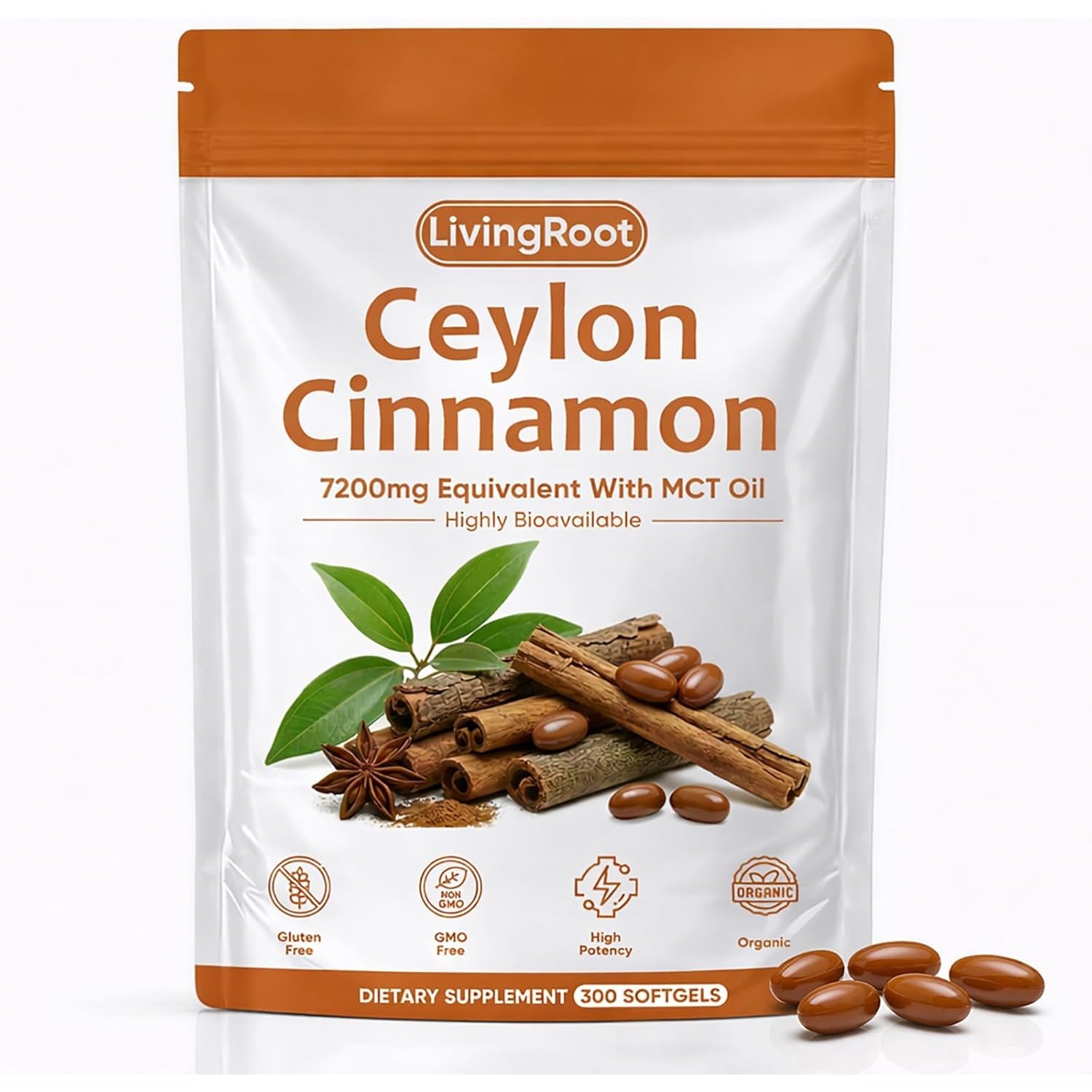 Living Root Ceylon Cinnamon - 300 Softgels 7200Mg Equivalent with MCT Oil, Livingroot Organic Ceylon Cinnamon Powder Supplement for Supports Metabolism, Liver Function & Energy (1)