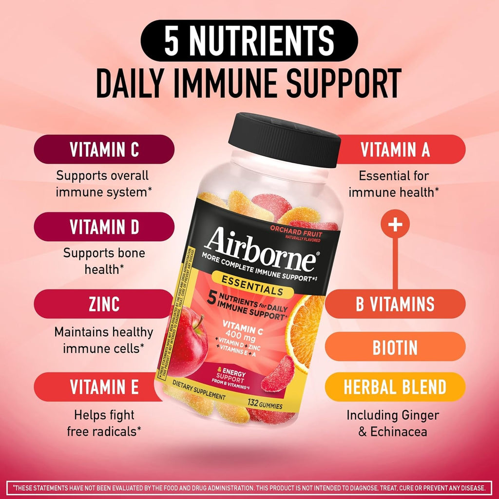 Airborne Immune Essentials Gummies, Orchard Fruit, 132Ct | 400Mg Vitamin C + Vitamins A, D, E, Zinc & B Vitamins | Daily Immune Support Gummies | Gluten Free, No Artificial Flavors