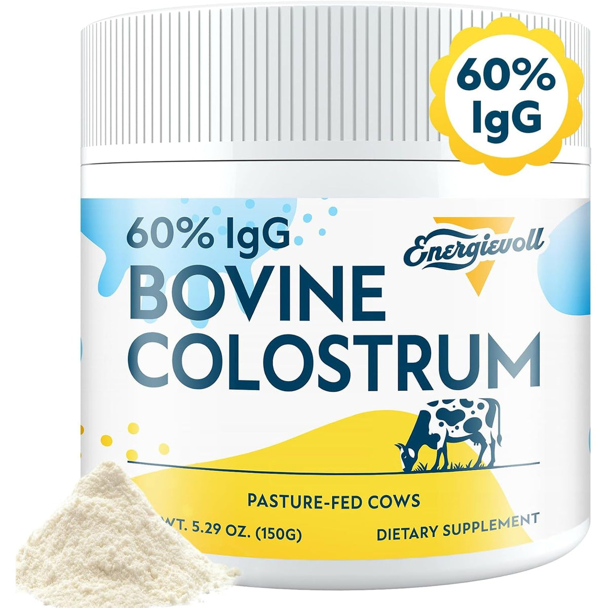 Energievoll Bovine Colostrum Supplement Powder - 60% Igg 3000 Mg for Gut, Hair Growth, Beauty, and Immune, Easy to Mix, Unflavored (50 Servings)