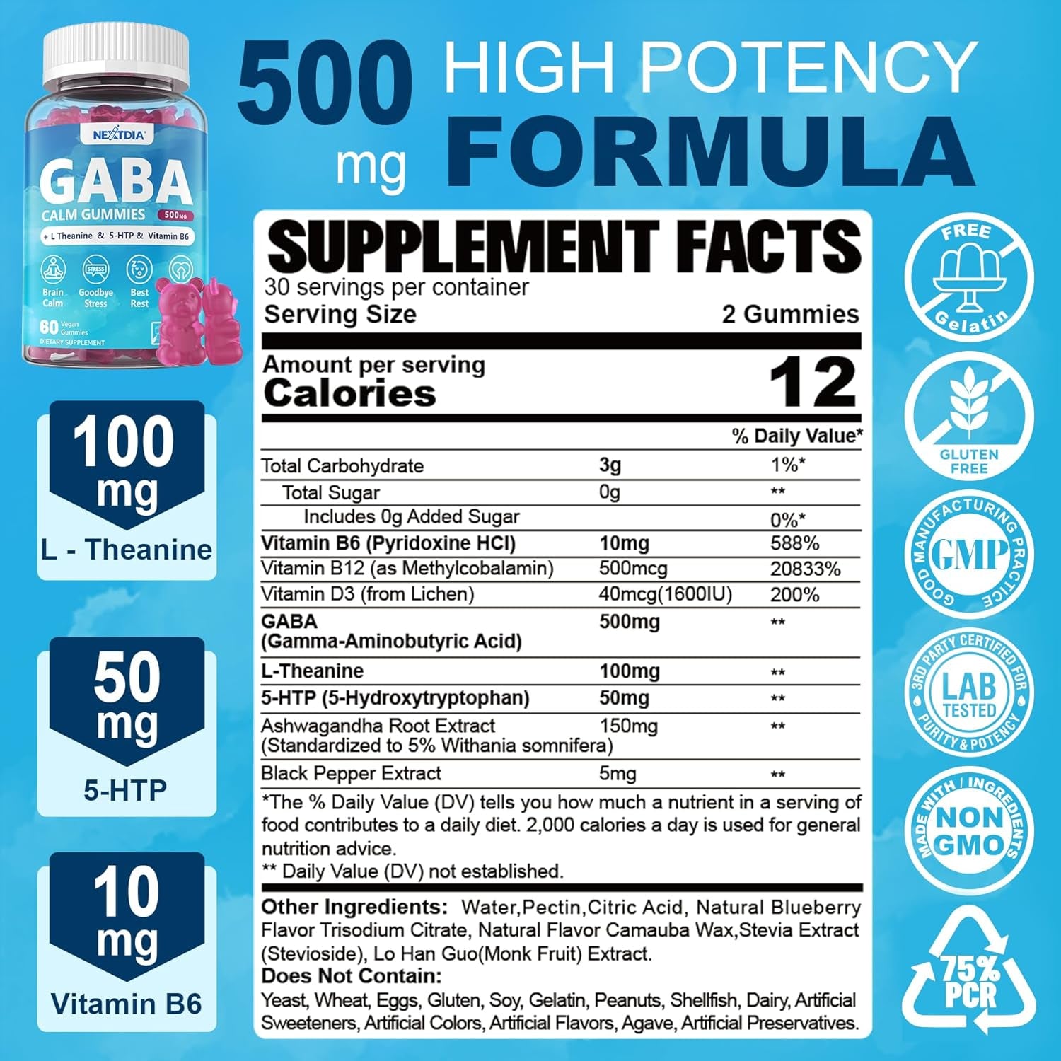 GABA Gummies 500 Mg - Sugar-Free Calm Gummies with L Theanine, 5-HTP, Vitamins D3, B12, Ashwagandha, Melatonin-Free for Brain Calm, Mood, Zzz Better, GABA Supplement for Adult, Blueberry Flavor,2 Pack